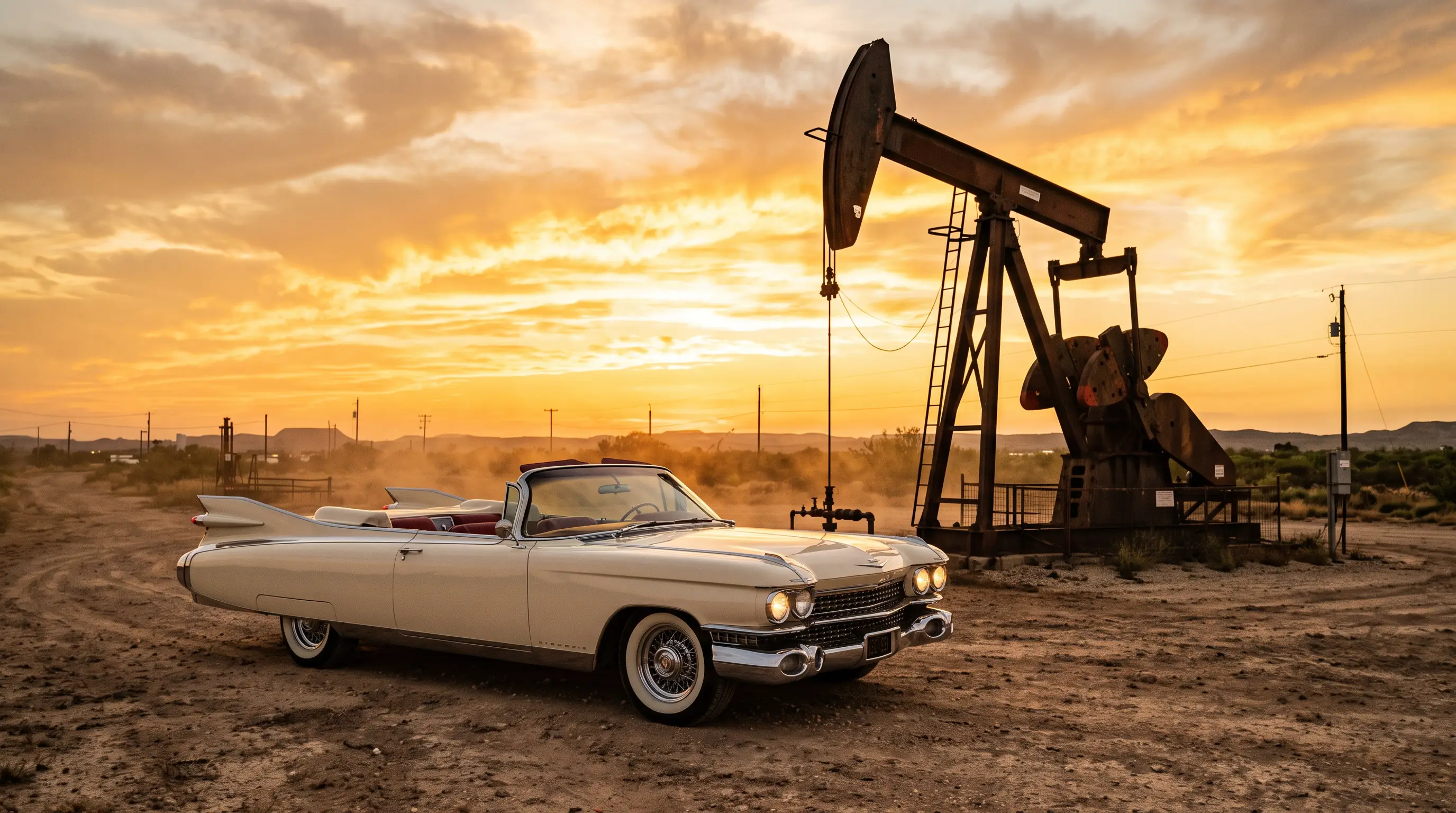 Cream 1959 Cadillac Eldorado parked beside a Texas oil pumpjack at sunset