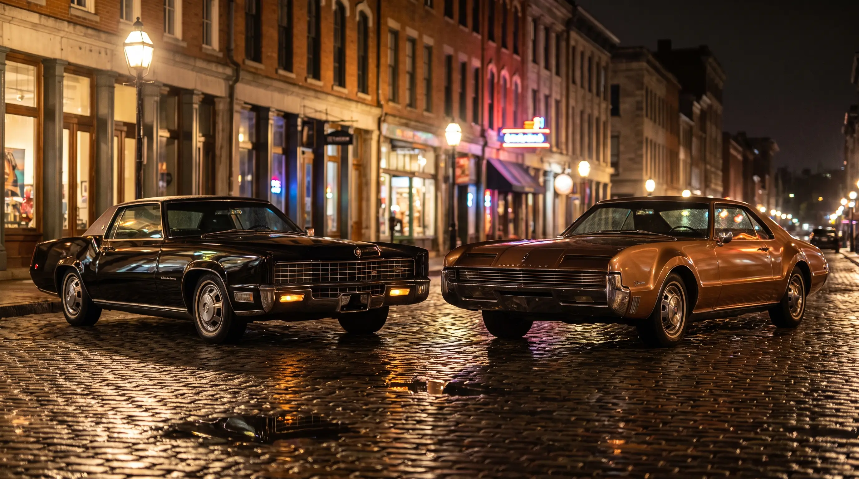 Black 1967 Cadillac Eldorado beside a bronze Oldsmobile Toronado on a wet city street