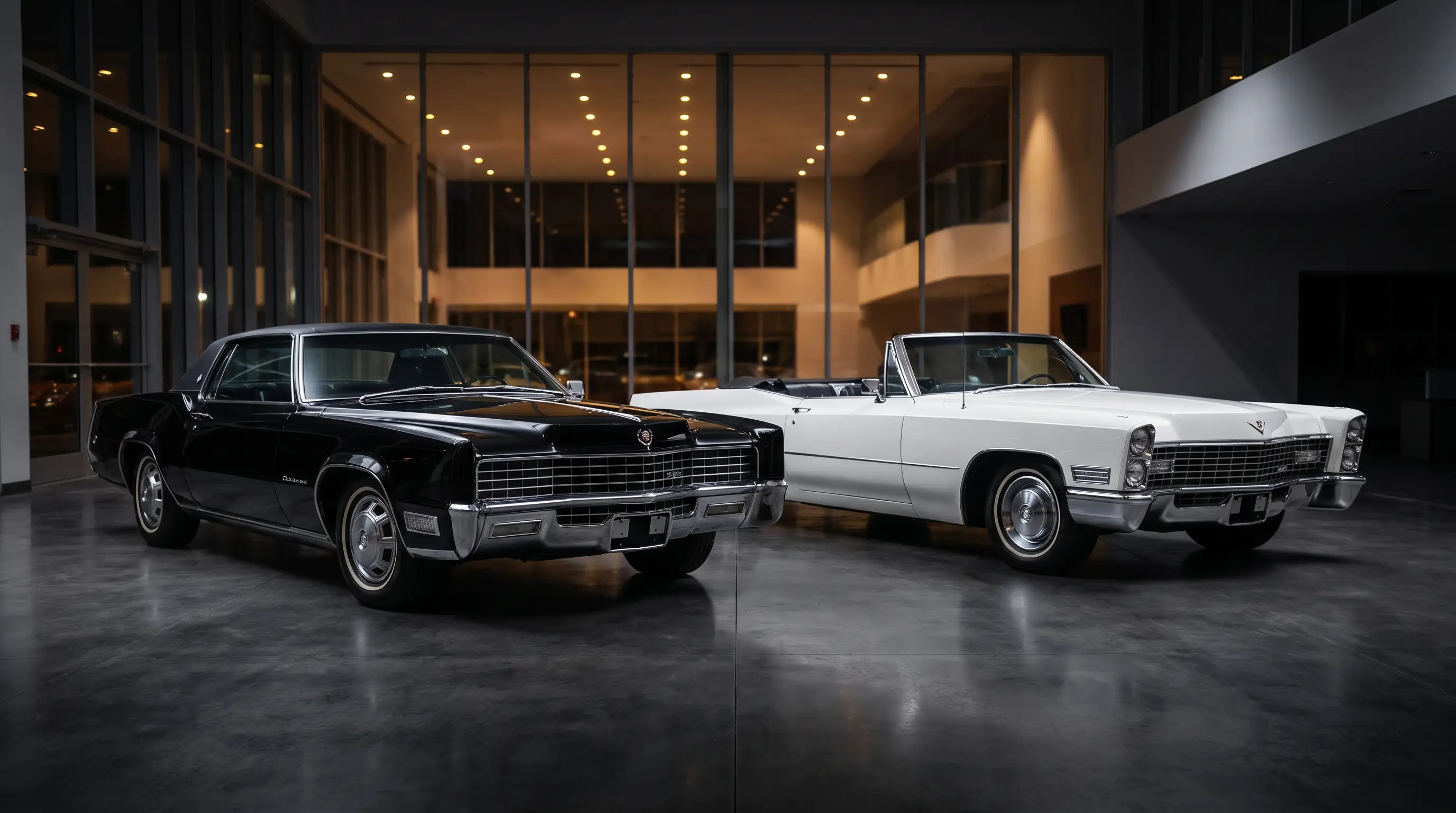 Black 1967 Cadillac Eldorado beside white Coupe de Ville in a dealership showroom