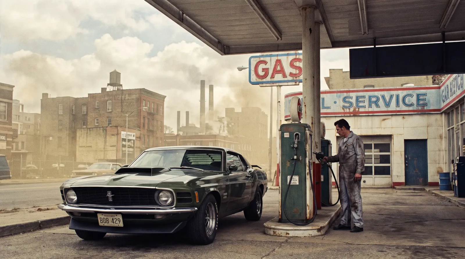 1970s gas station scene during oil embargo era