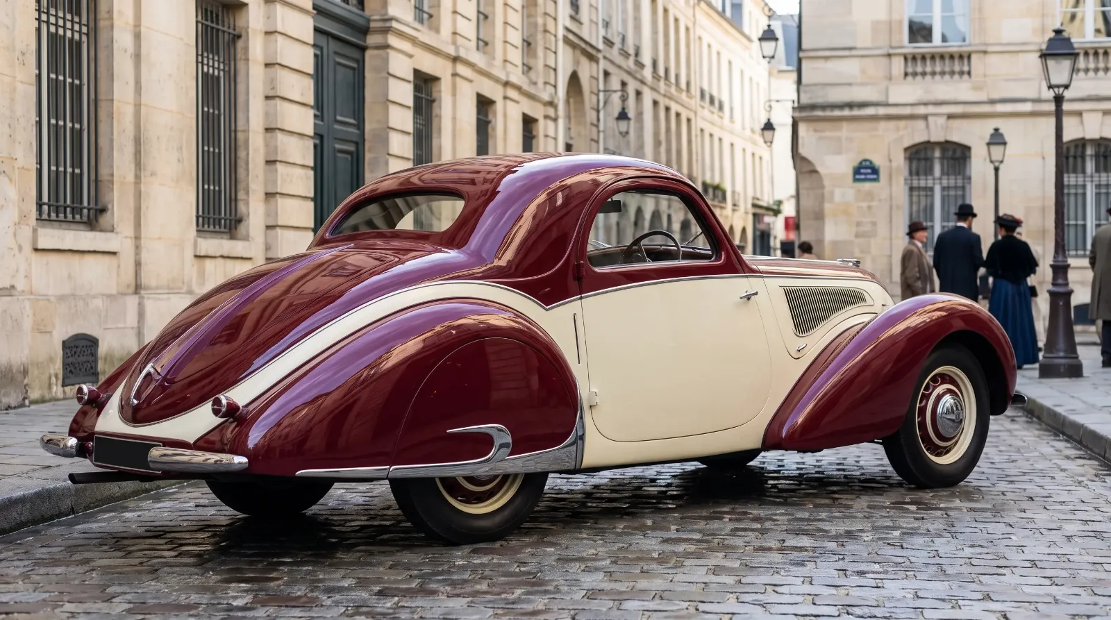 1937 French teardrop coachbuilt coupe on cobblestones