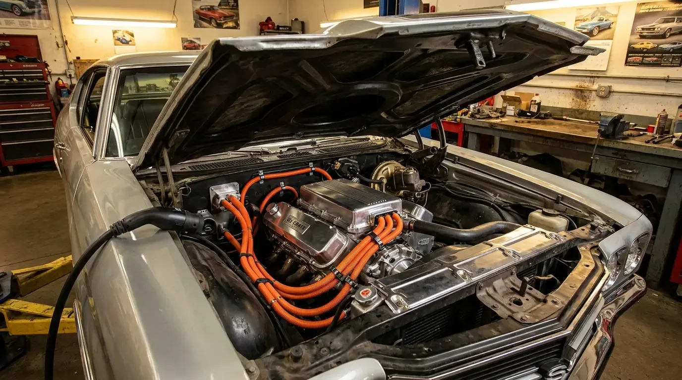 Classic muscle car engine bay with a modern EV crate motor and orange high-voltage cables where the V8 used to be, charging cable plugged in
