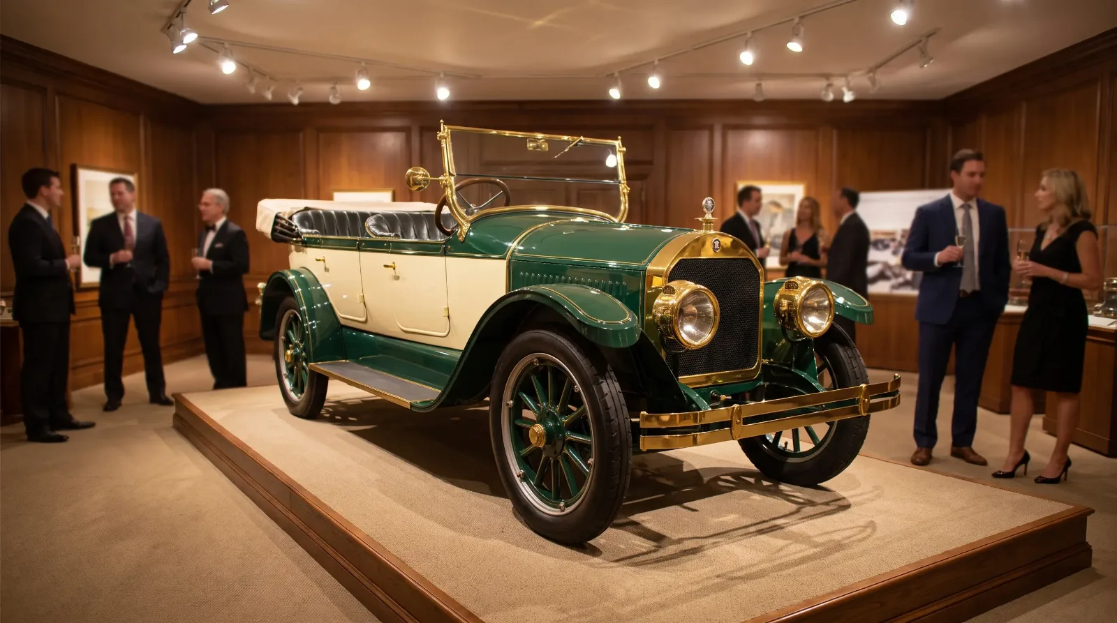 Restored brass era car in an auction showroom