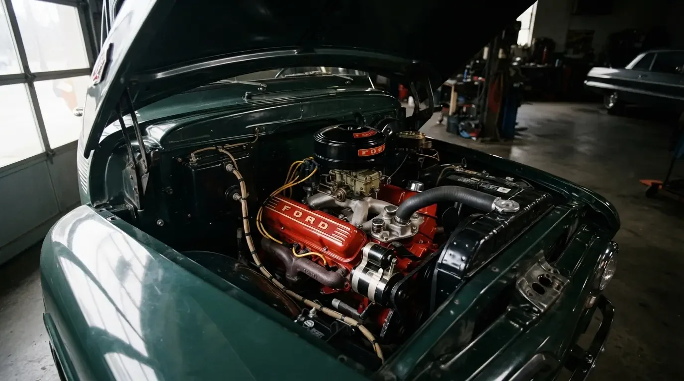 1954 Ford F-100 engine bay with Ford's first overhead-valve Y-block V8