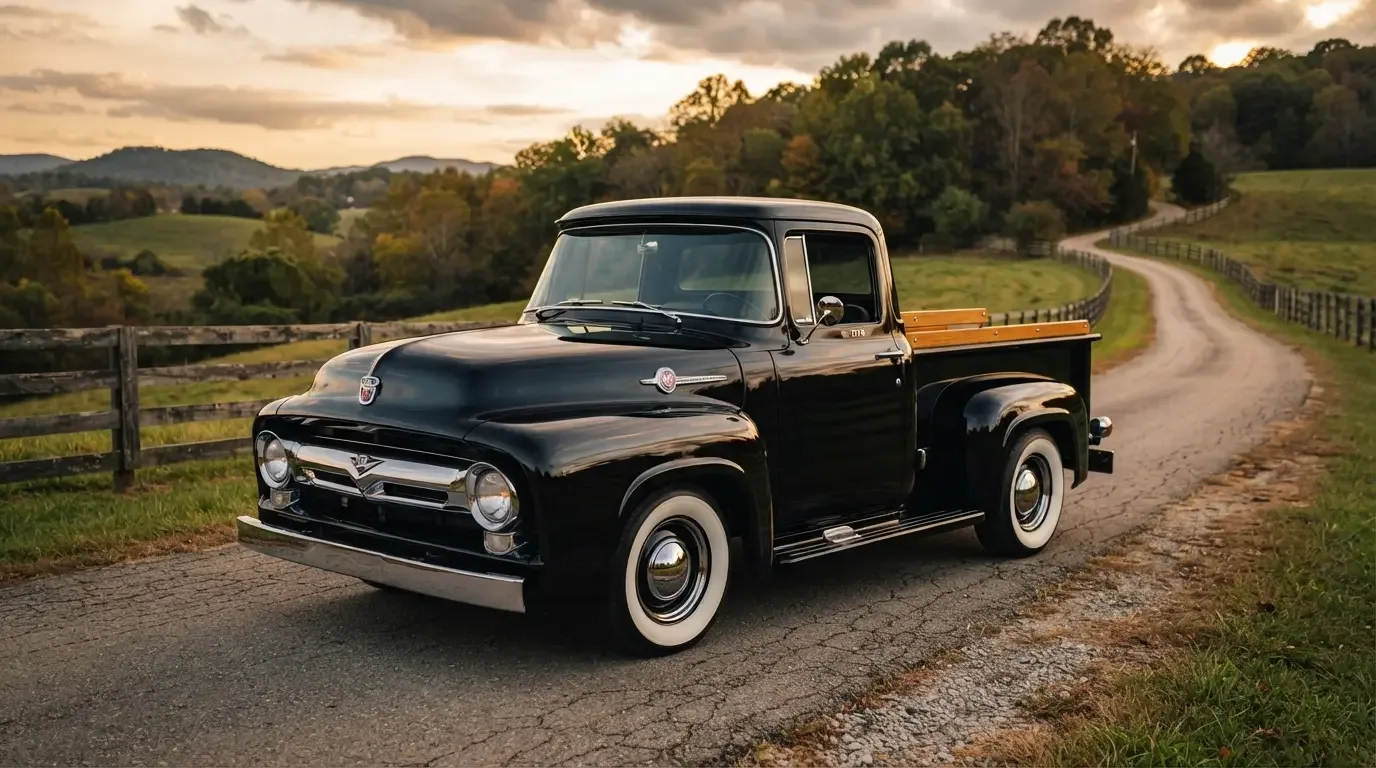 1956 Ford F-100 big-window pickup truck, three-quarter front view