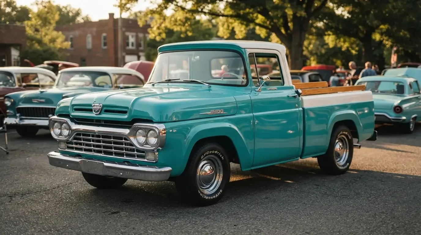 Restored 1957-1960 Ford F-100 pickup truck at a classic car show, three-quarter front view