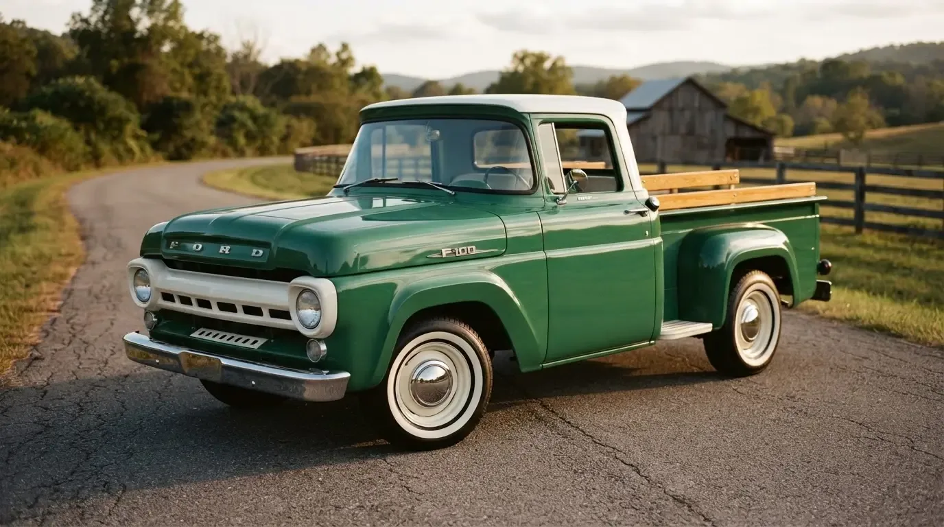 1957-1960 Ford F-100 pickup in vibrant two-tone period color, three-quarter front view