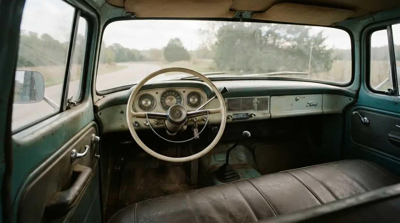 Interior cab of a 1957-1960 Ford F-100 pickup truck, dashboard and bench seat