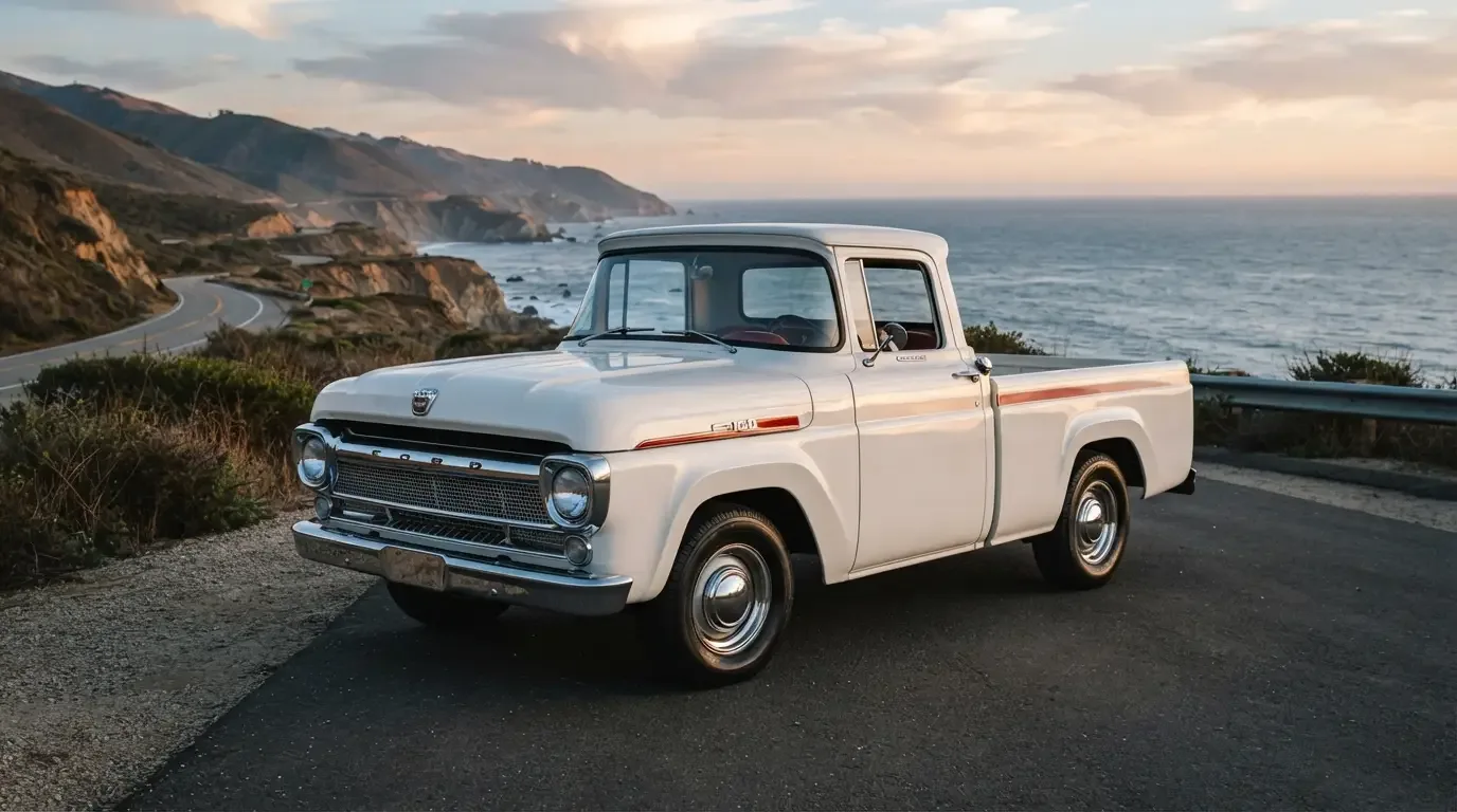 1957 Ford F-100 pickup with flat hood and full-width grille, three-quarter front view