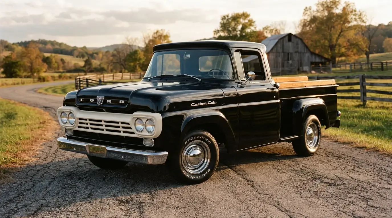 1958 Ford F-100 pickup truck with quad headlights, three-quarter front view