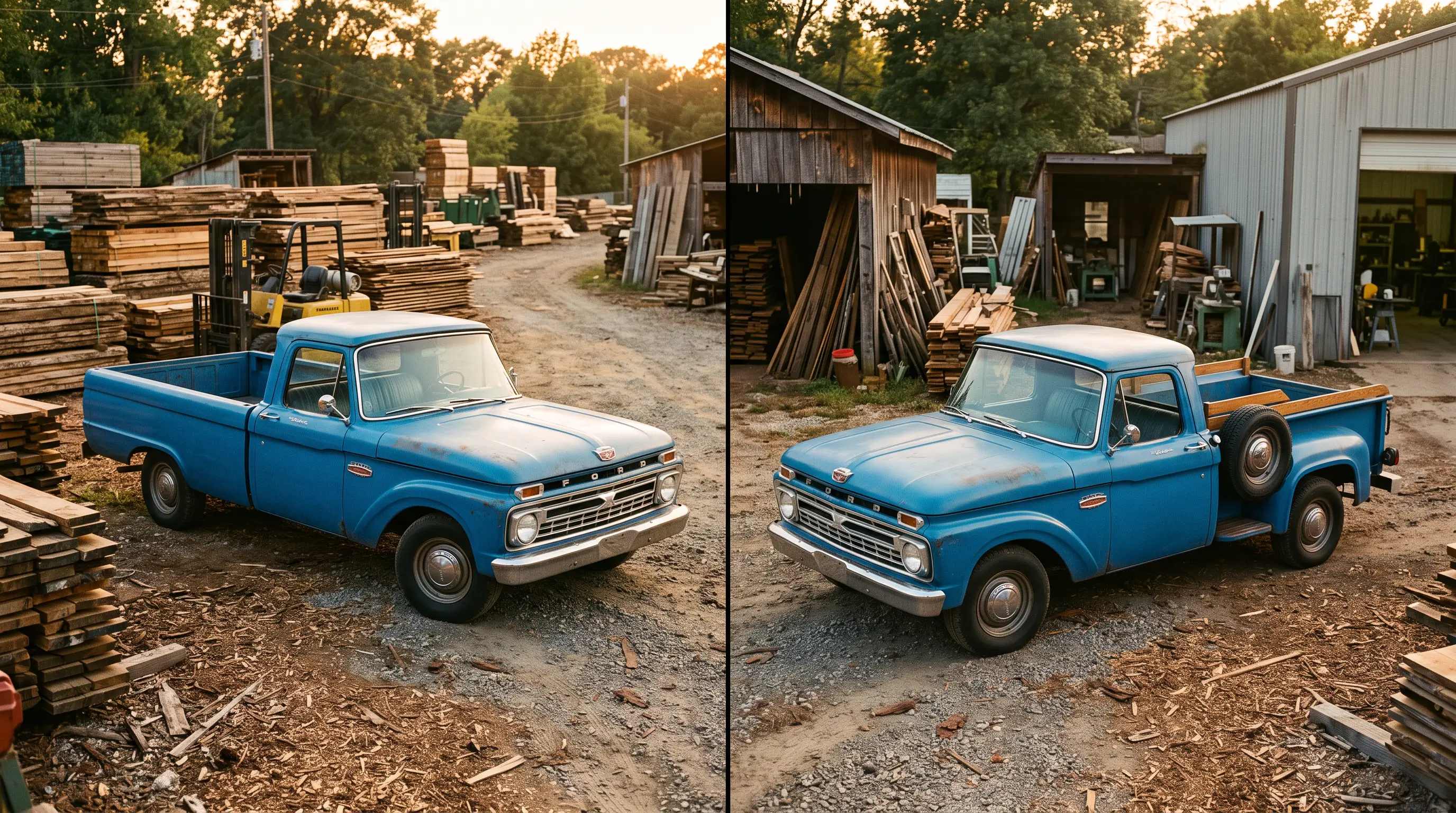Two blue 1965 Ford F 100 trucks showing Styleside and Flareside beds in a lumber yard