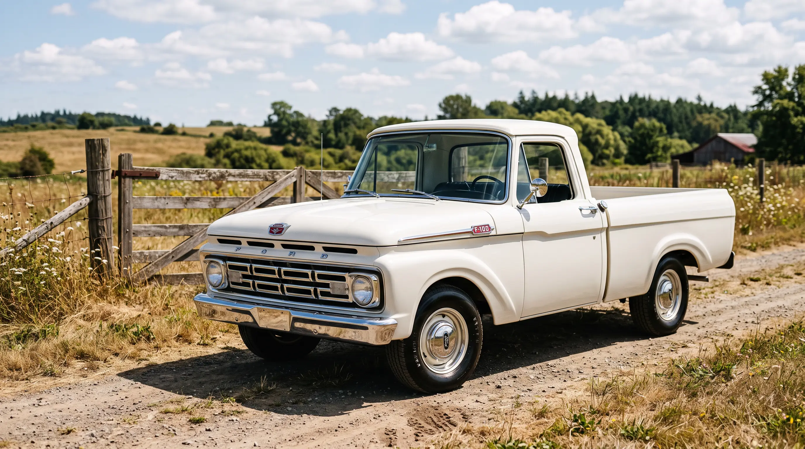 1963 Ford F-100 pickup truck in white parked at a rural farm gate