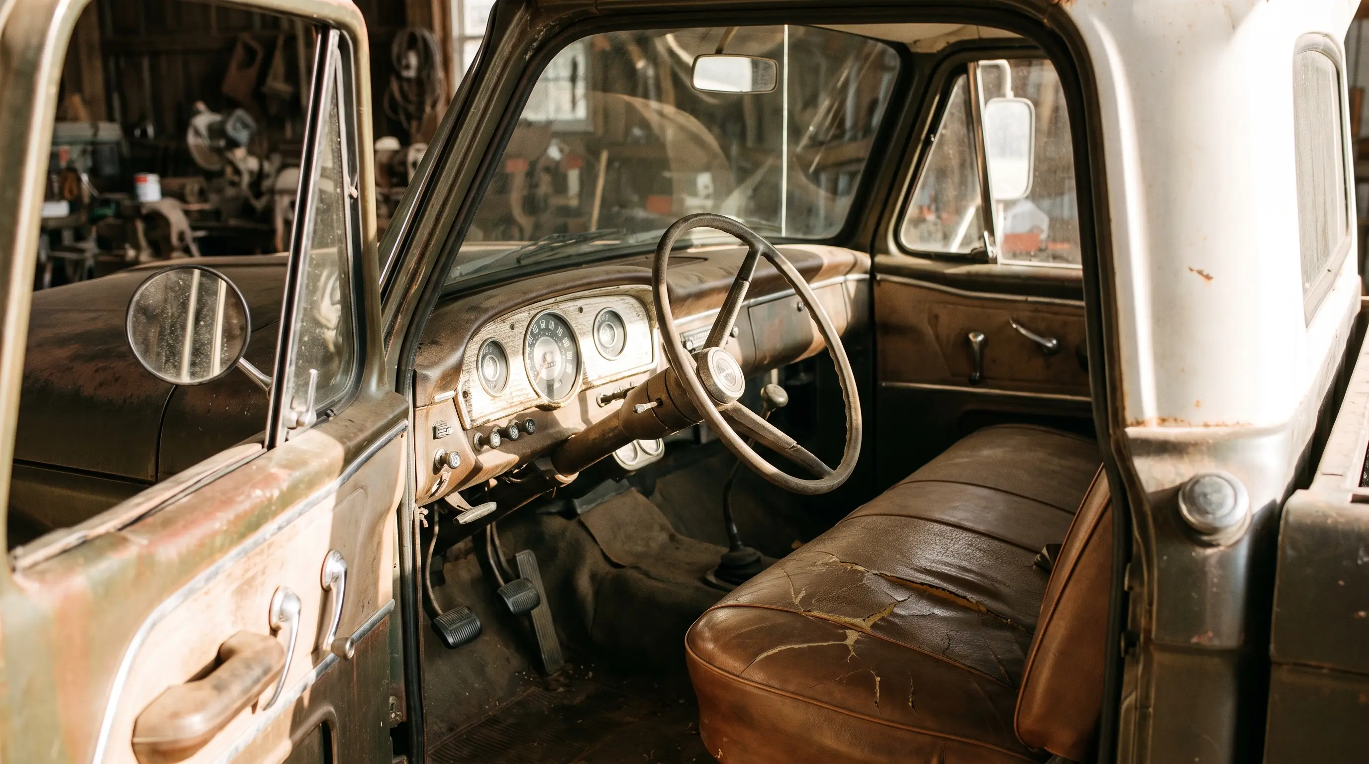 Interior of a 1964 Ford F-100 pickup showing dashboard and bench seat