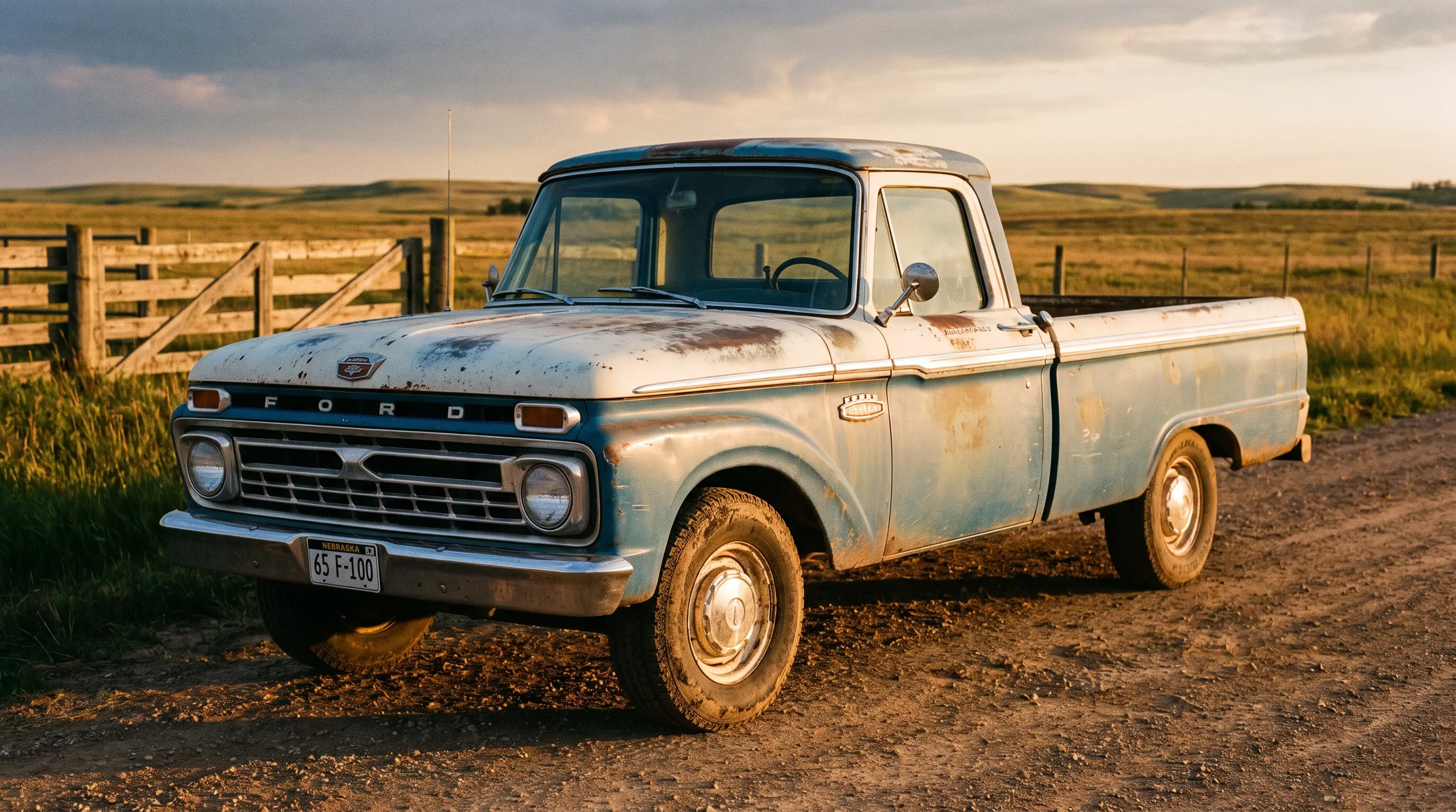 Faded blue 1965 Ford F-100 pickup on a dusty farm road at sunset