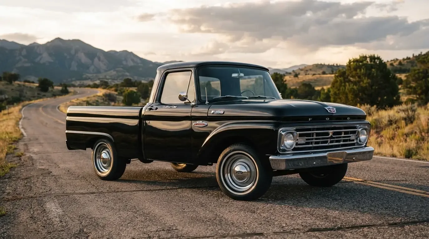 1961-1966 Ford F-100 unibody pickup truck, three-quarter front view
