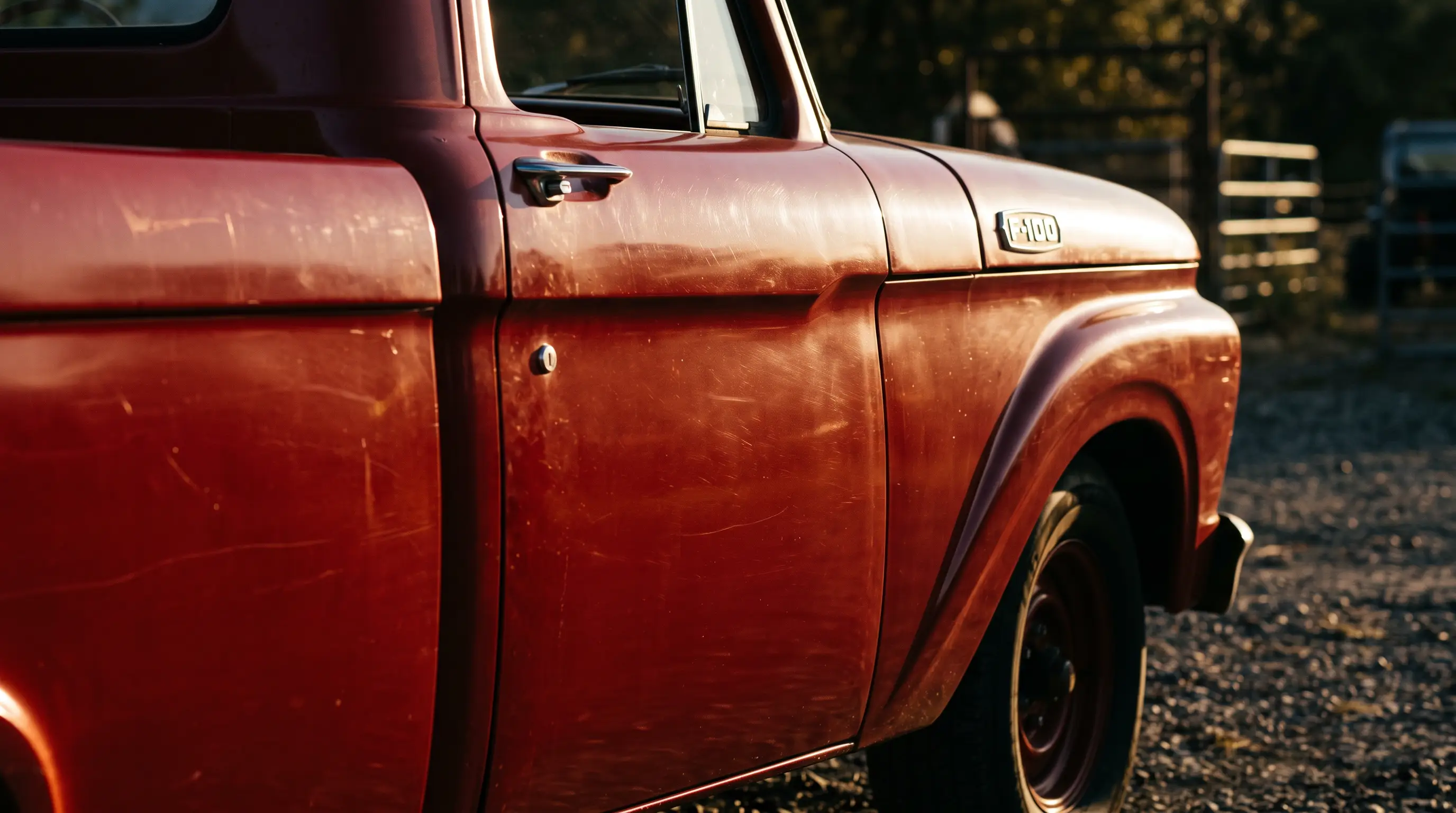 Close up of flat slab side door panel on a red 1964 Ford F100 truck in raking light