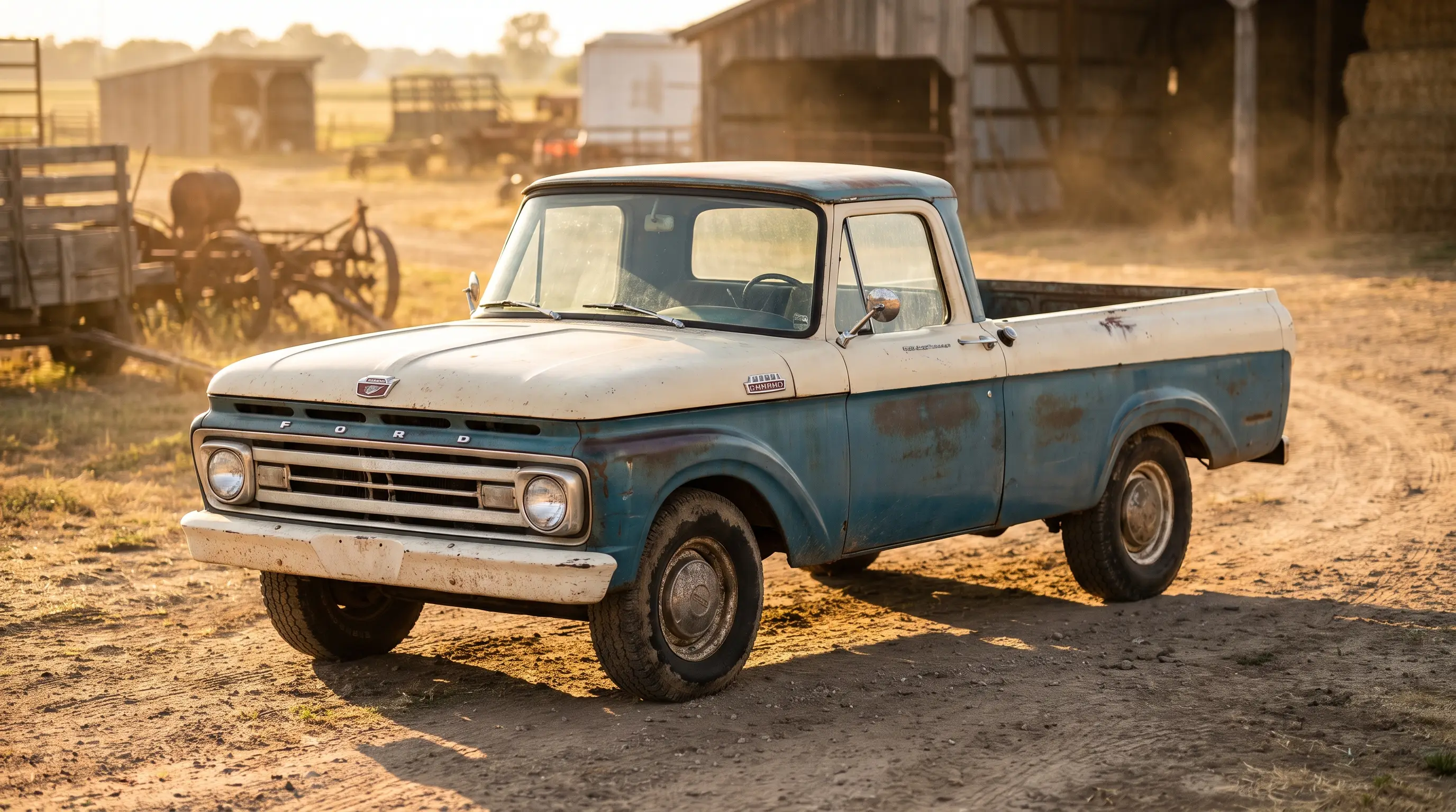 Two tone 1961 Ford F100 Unibody pickup truck parked on a dusty rural work site