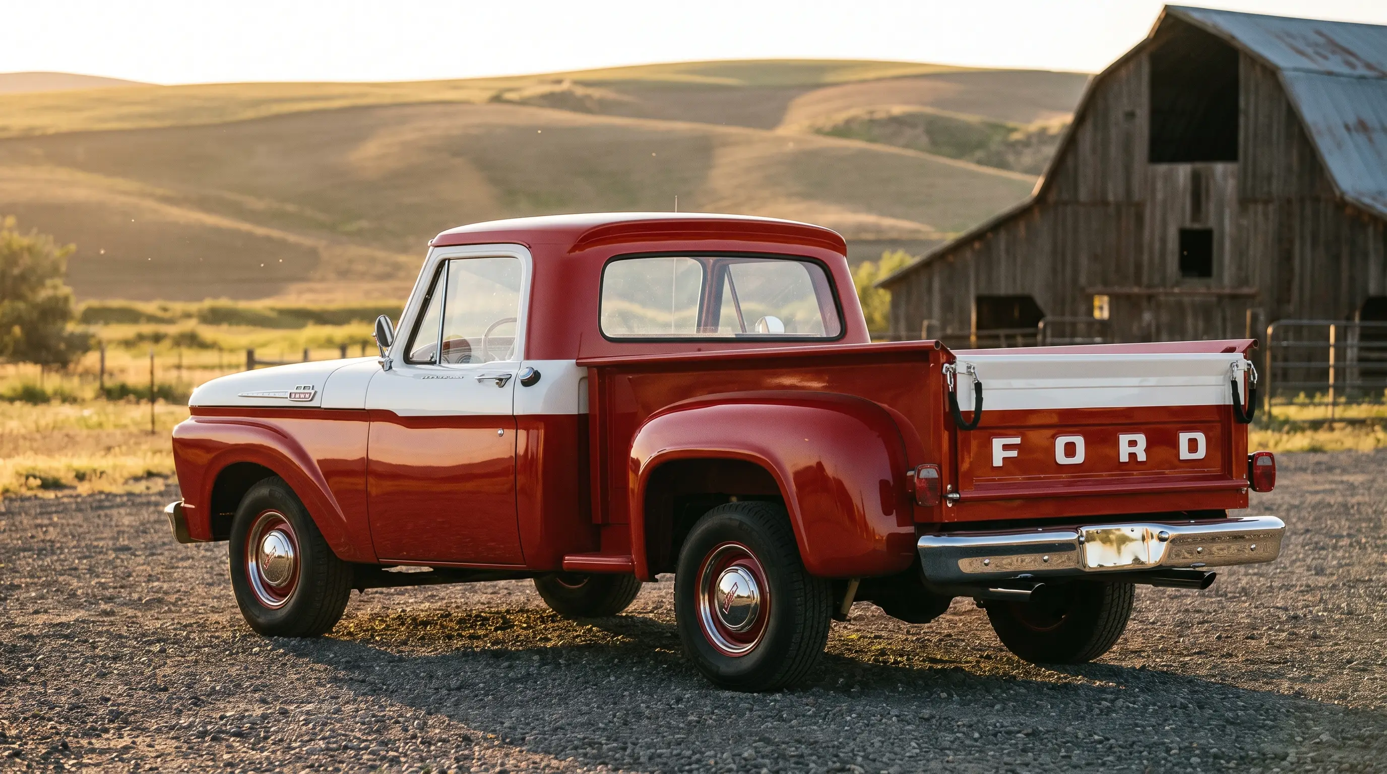 1963 Ford F100 truck with separate cab and bed on gravel lot at golden hour