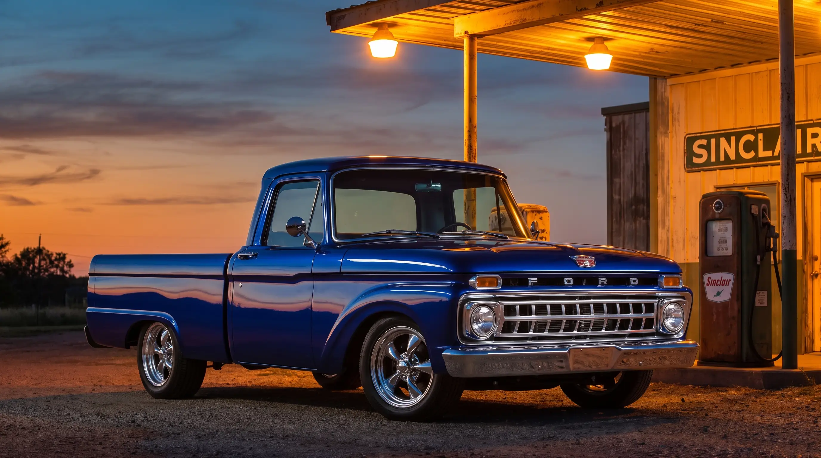 Pristine 1965 Ford F100 truck with redesigned grille parked at a rural gas station at dusk