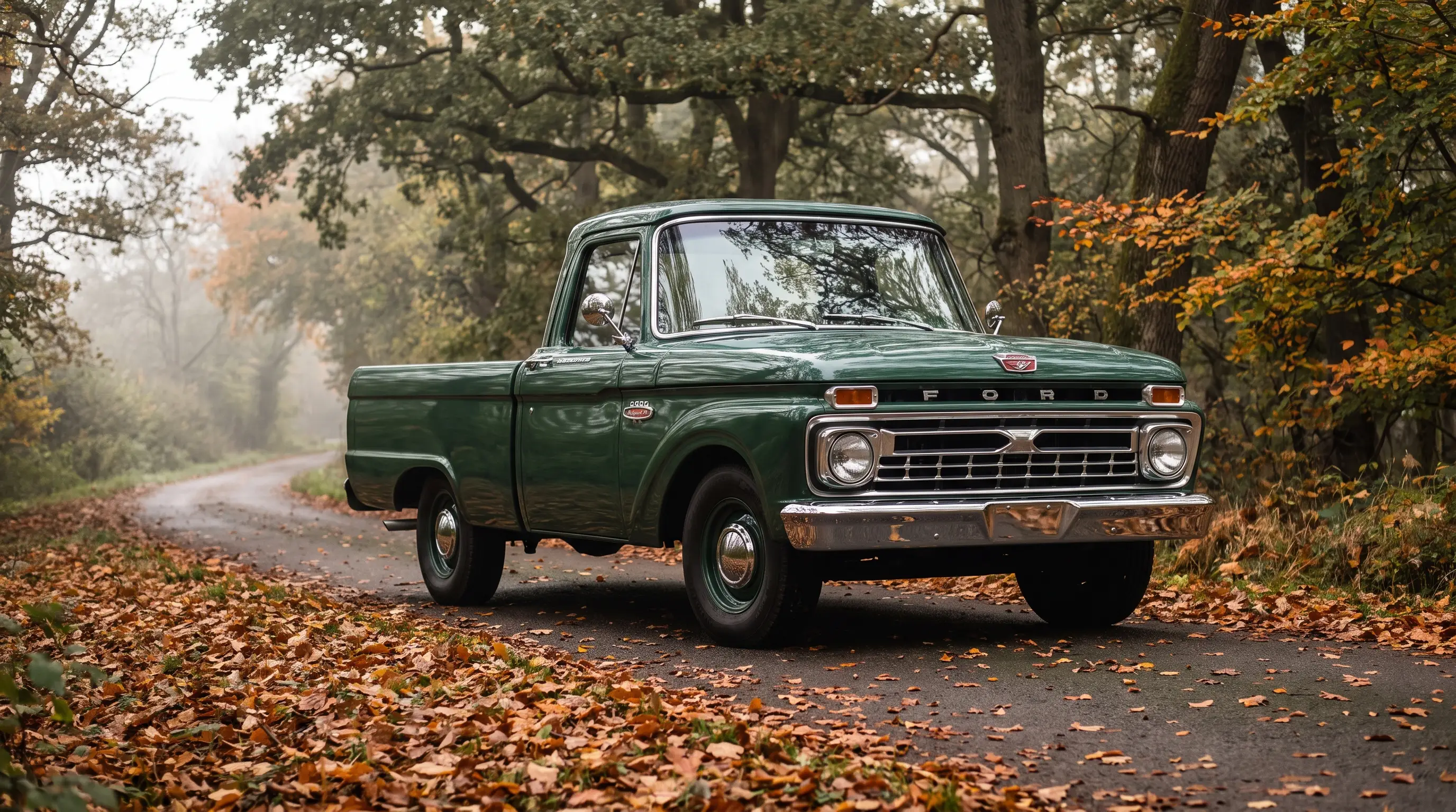 Forest green 1966 Ford F100 truck on a quiet country road lined with autumn trees