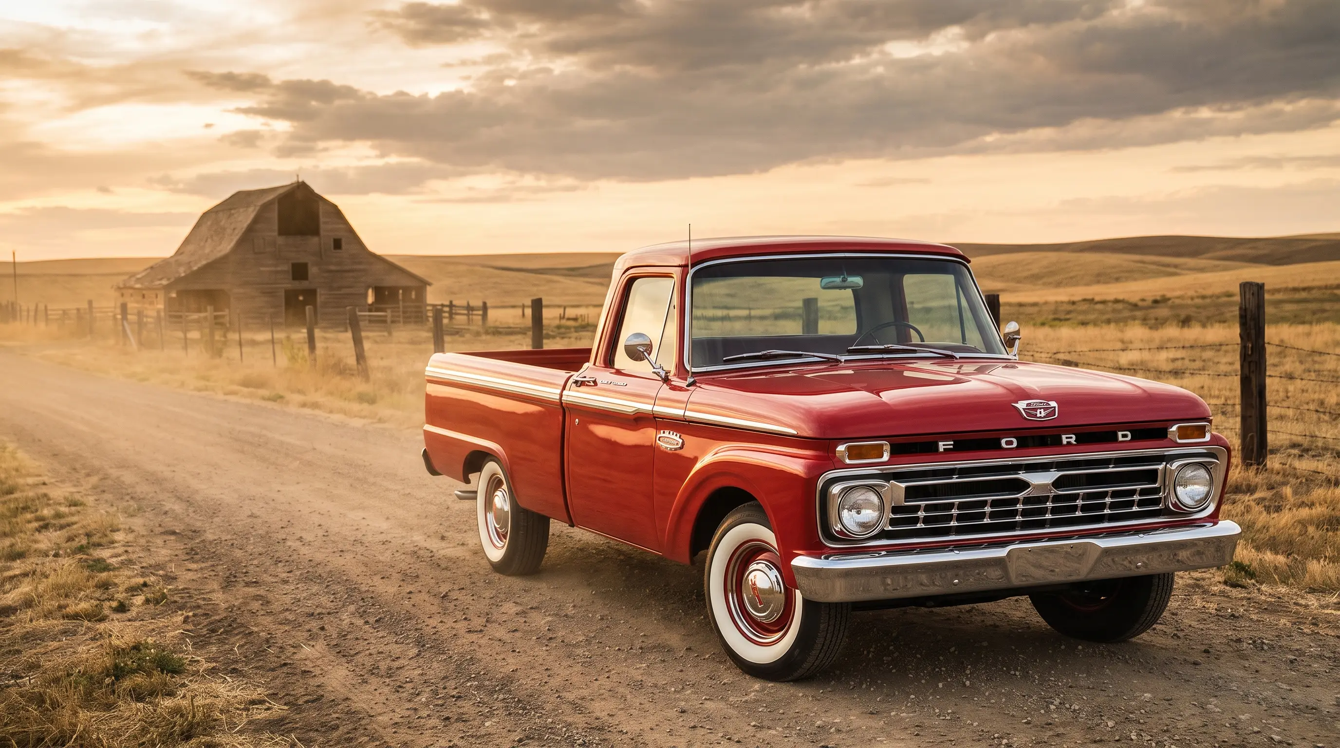 Restored red 1966 Ford F 100 pickup on a rural dirt farm road at golden hour