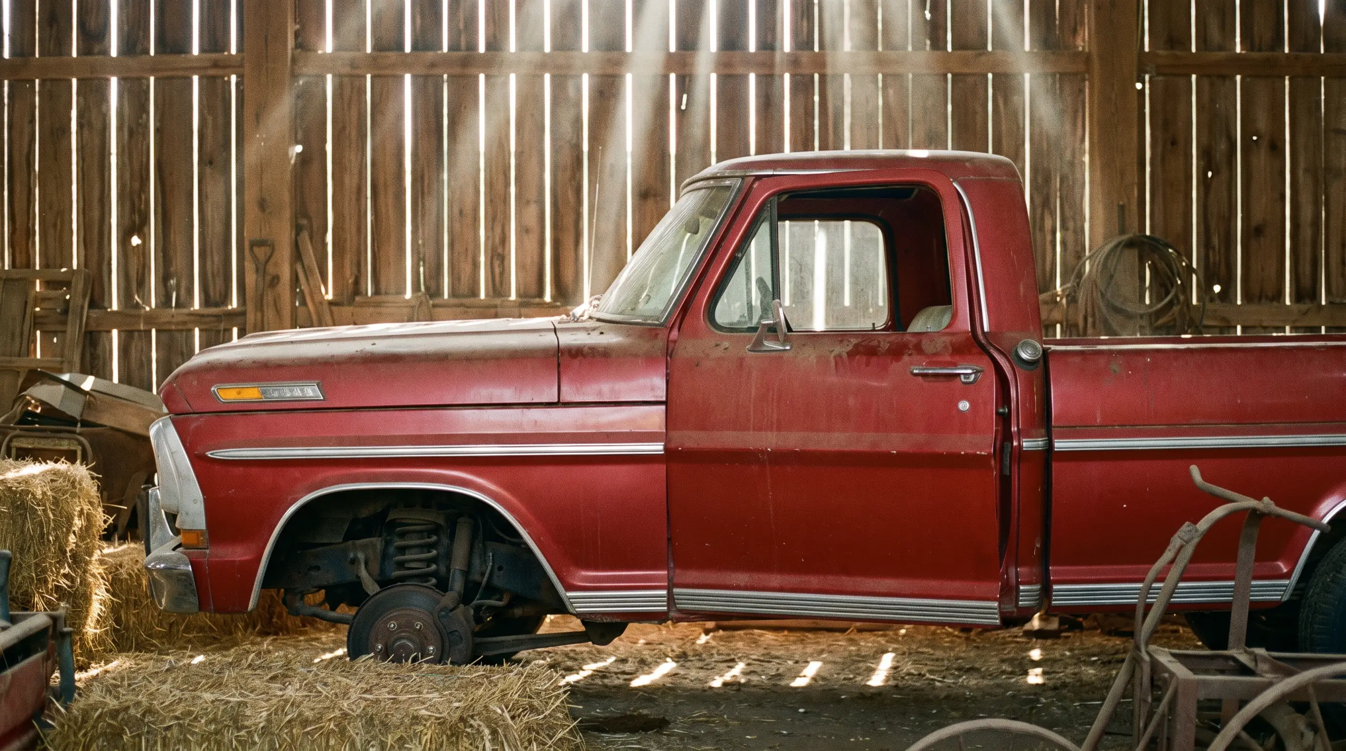 Candy apple red 1970 Ford F-100 pickup parked inside a sunlit barn
