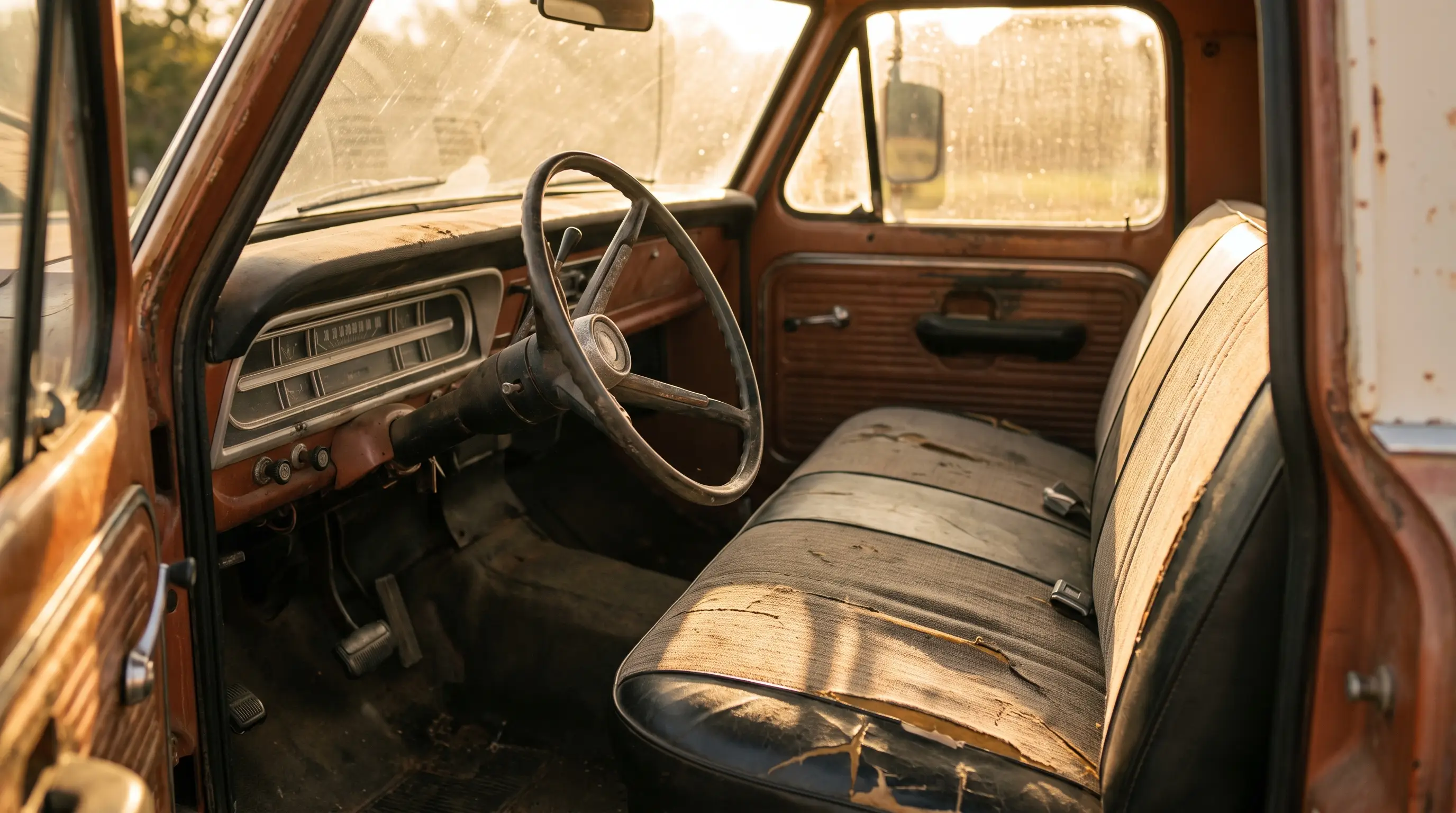 Worn bench seat and dashboard inside a 1968 Ford F-100 bumpside truck