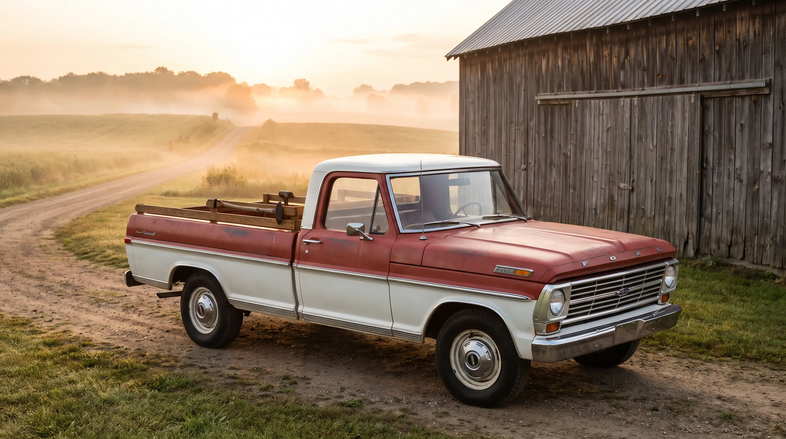 1967 Ford F-100 pickup with clean bumpside body parked at a misty sunrise farm
