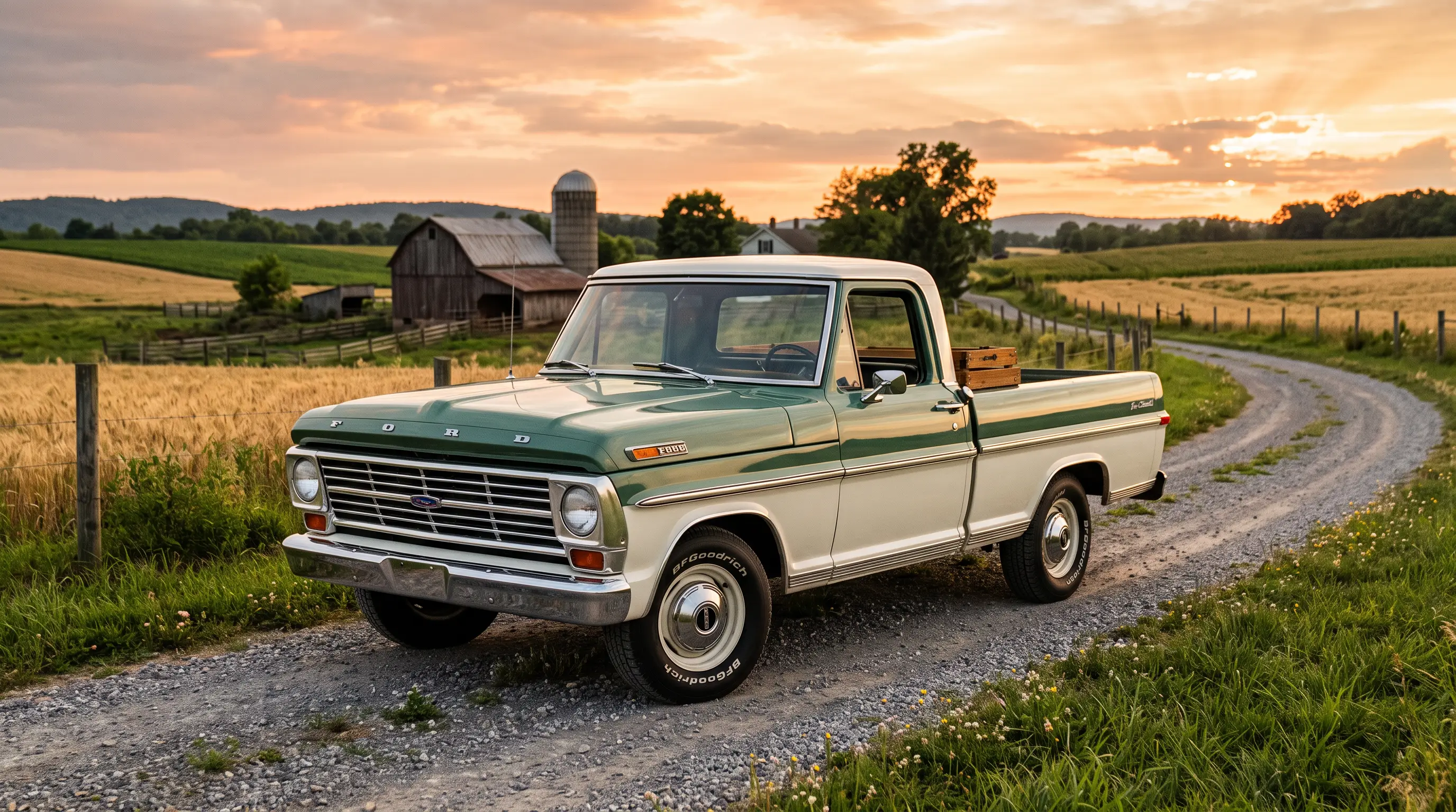 1967 Ford F-100 Bumpside pickup on a rural farm road at sunset