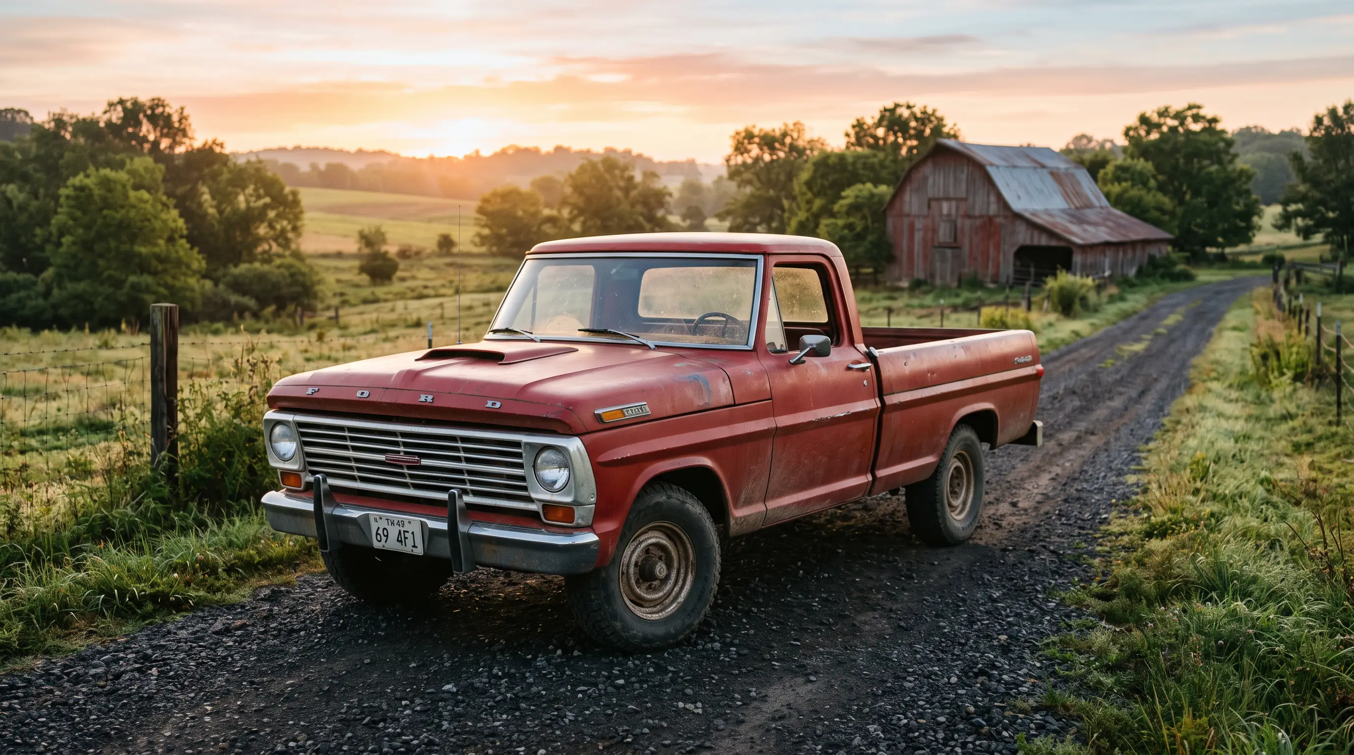 Faded red 1969 Ford F-100 pickup on a gravel farm road at sunrise near a barn