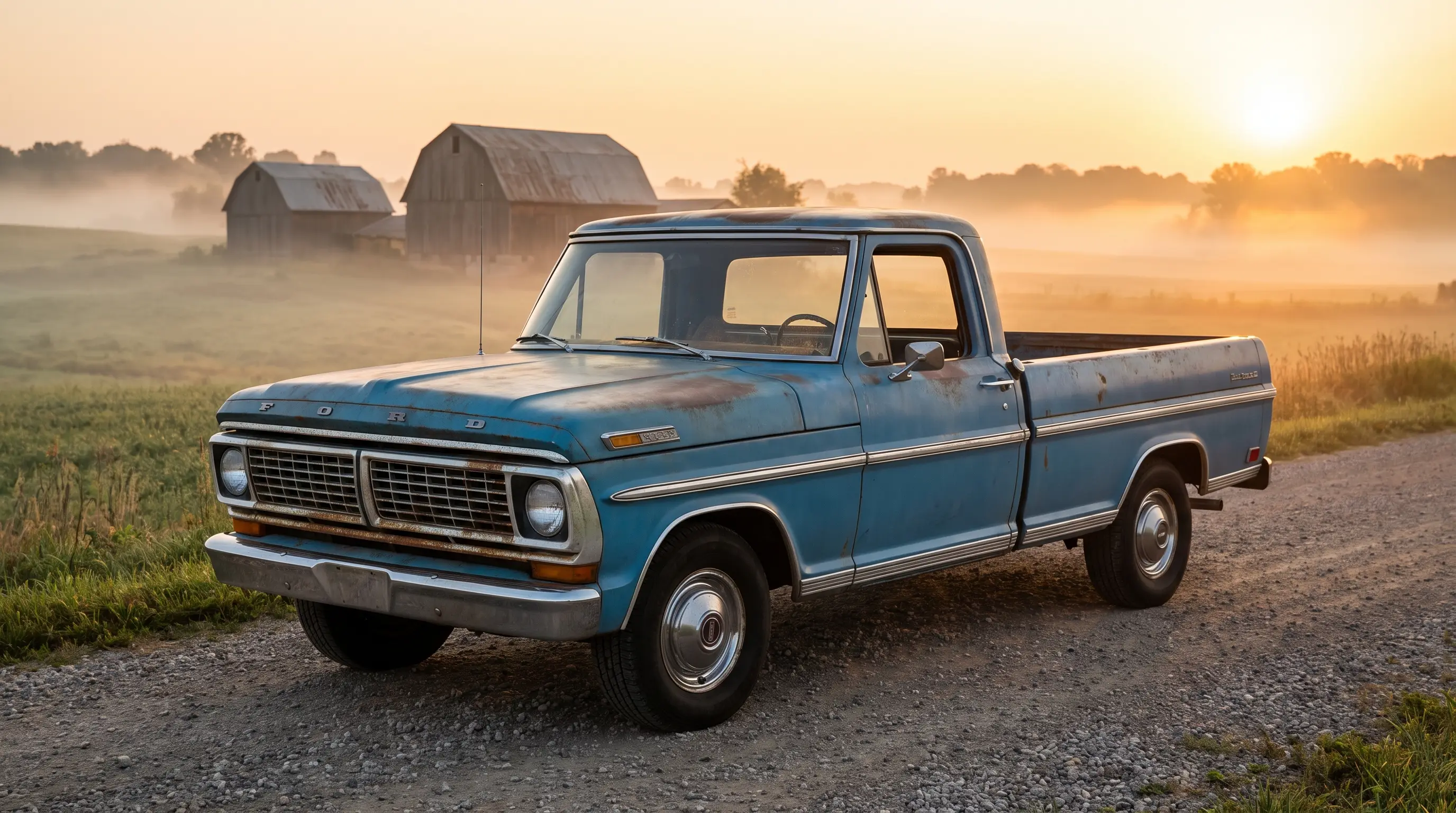 Faded blue 1970 Ford F-100 bumpside truck on a misty gravel farm road at sunrise