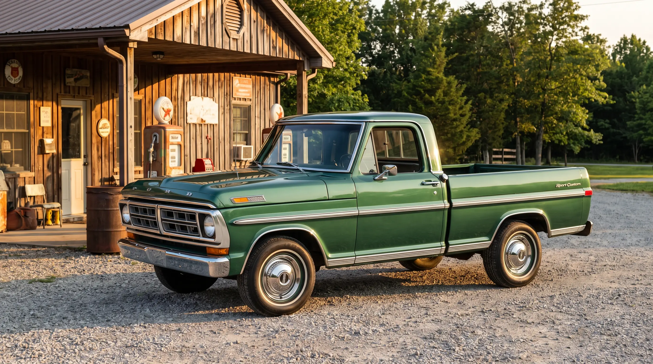 Forest green 1972 Ford F-100 Sport Custom truck at a rustic countryside gas station