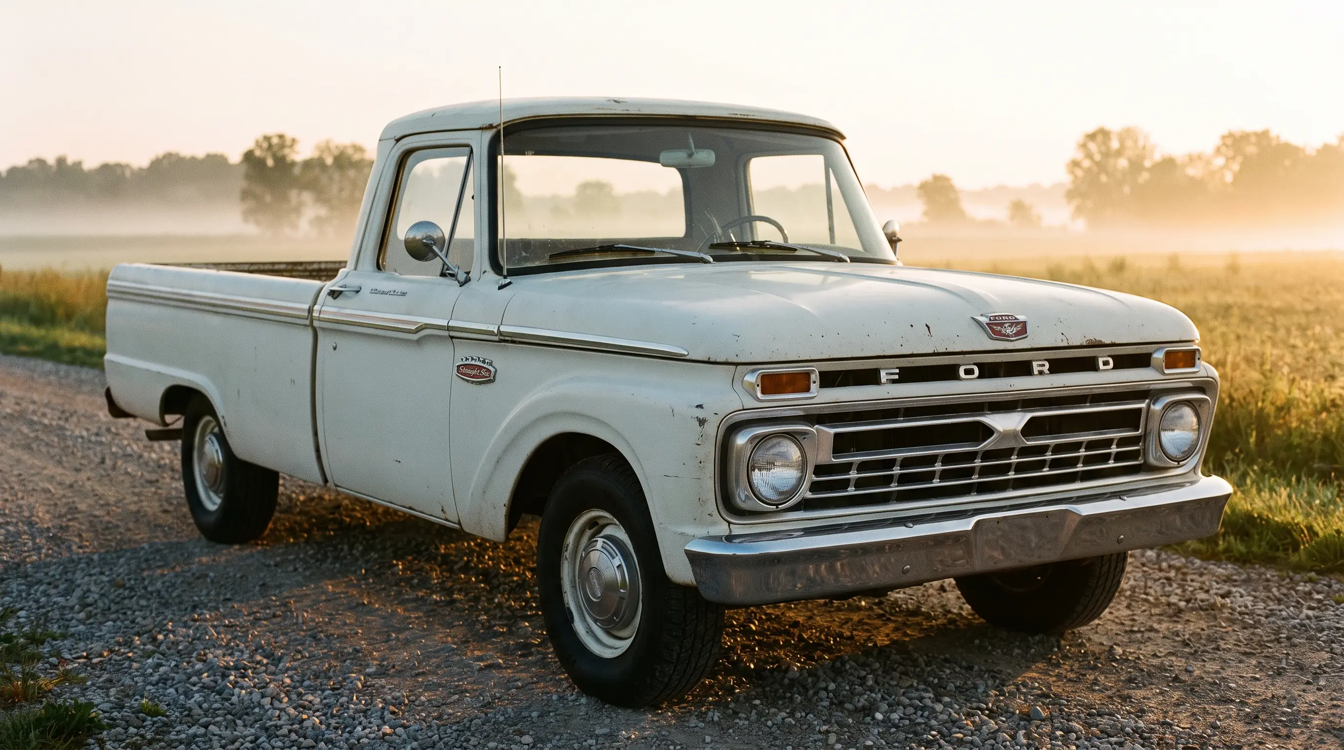 White 1966 Ford F-100 pickup on a gravel farm road at sunrise