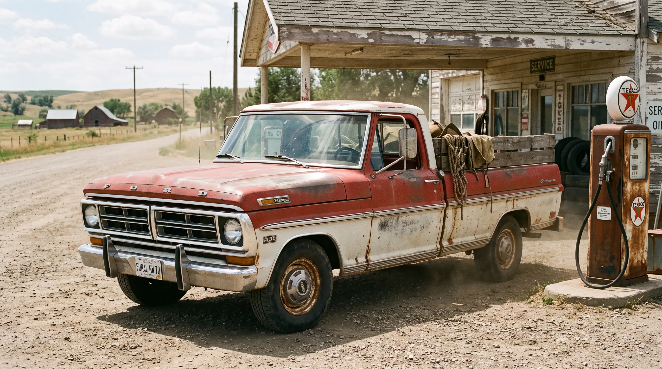 1970 Ford F-100 pickup with 390 badge at a rural gas station