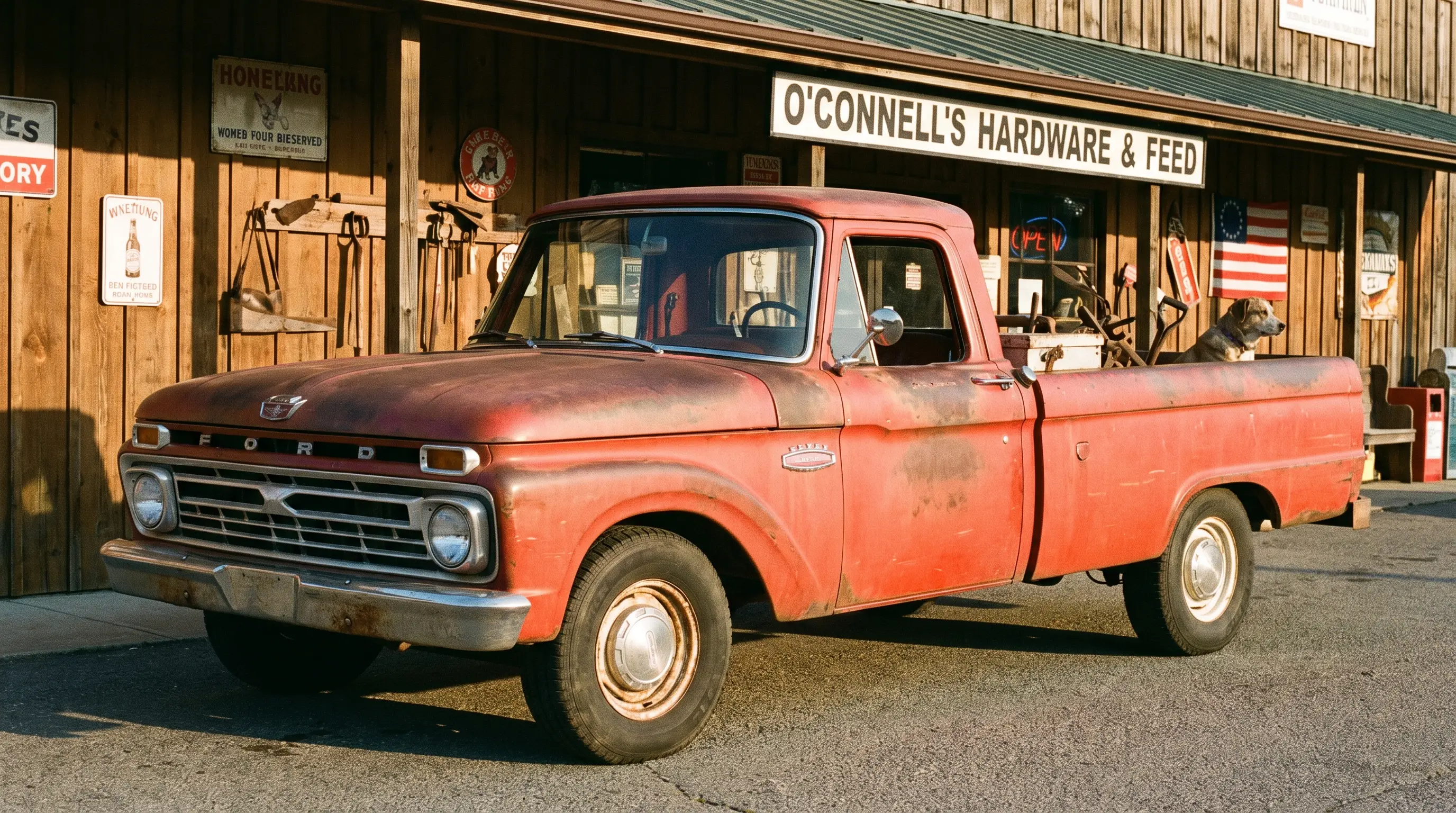 Faded red 1960s Ford F 100 pickup parked outside a small town store