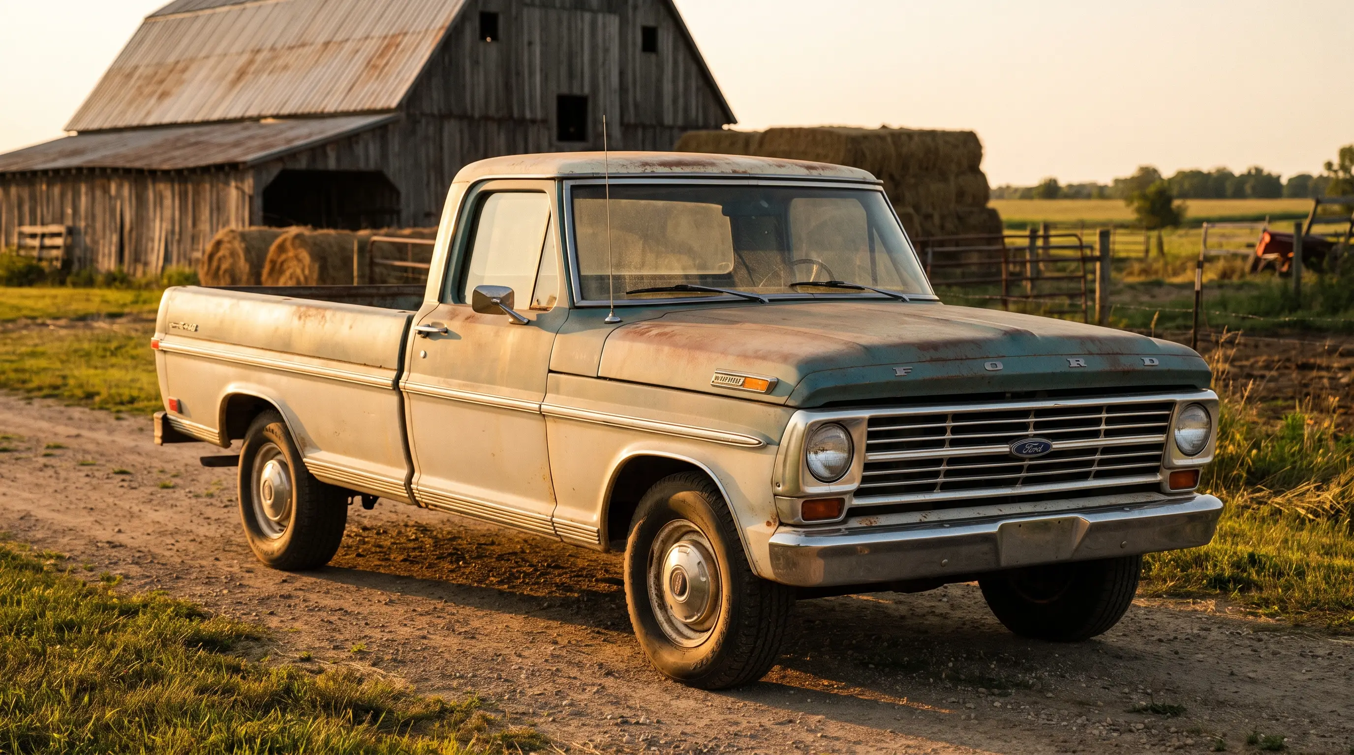 Ford F-100 Bumpside pickup parked on a countryside farm at golden hour