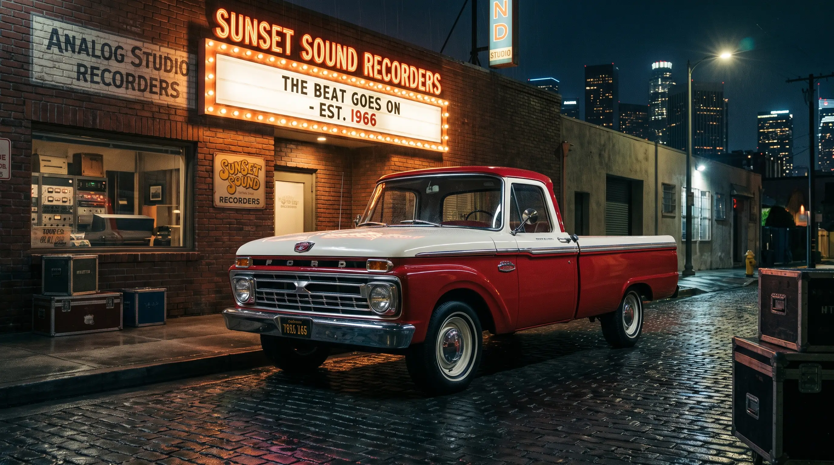 Restored 1966 Ford F-100 pickup parked outside a vintage recording studio at night