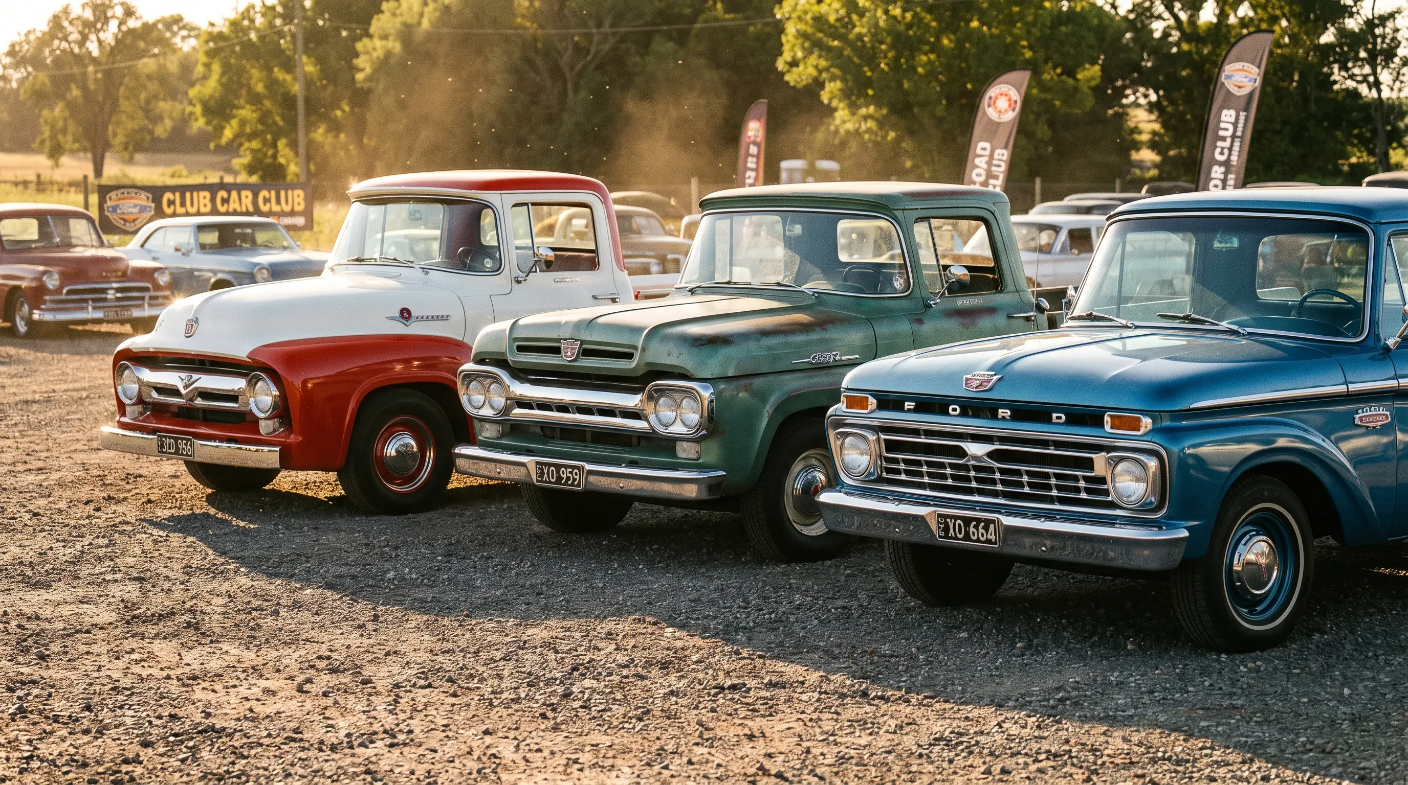 Classic Ford F-100 trucks parked together at a club meetup in golden light