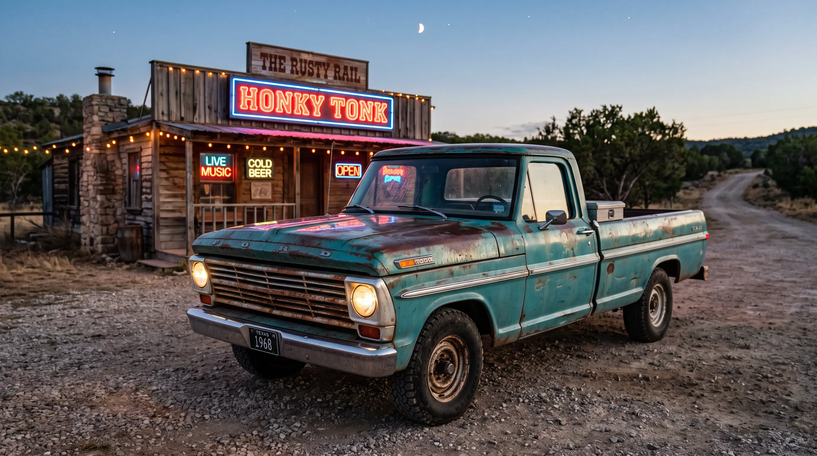 Weathered 1968 Ford F-100 pickup parked outside a honky tonk bar at dusk with neon glow
