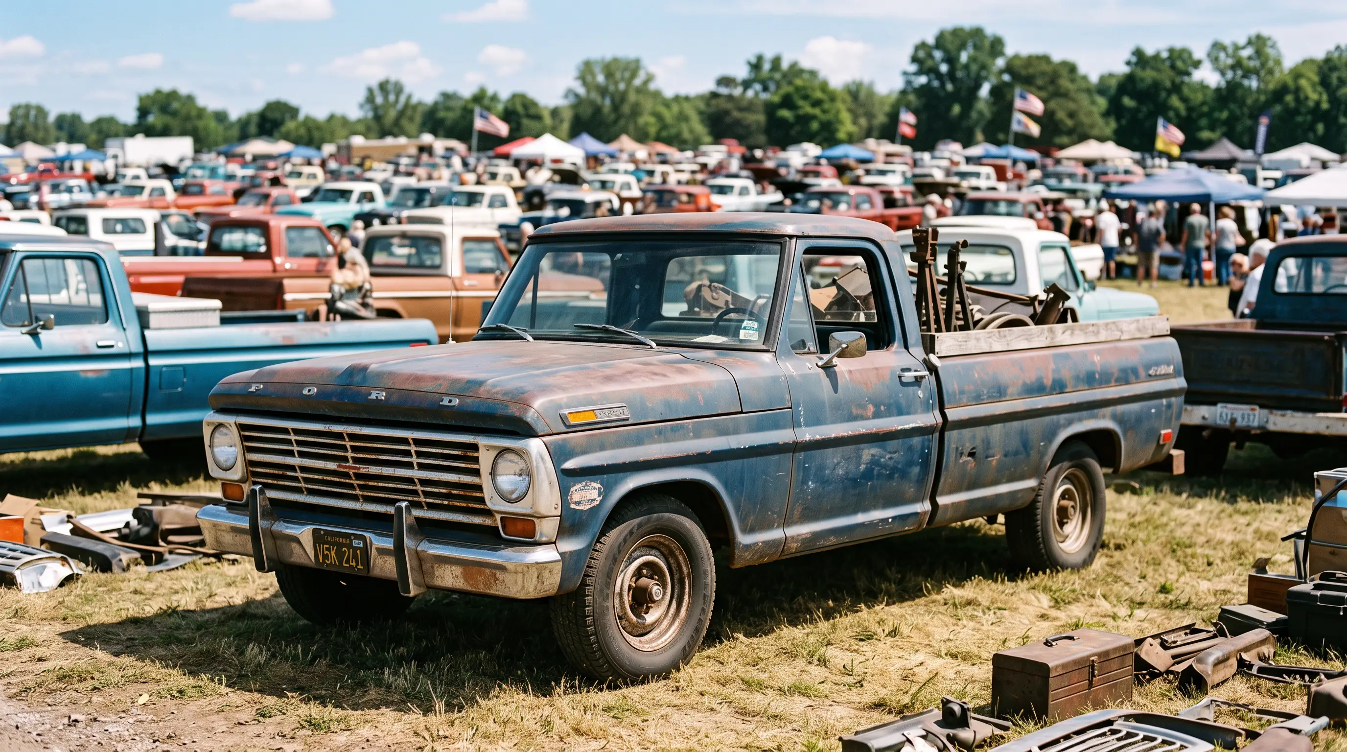 Weathered Ford F-100 truck among rows of classic trucks at a sunny swap meet