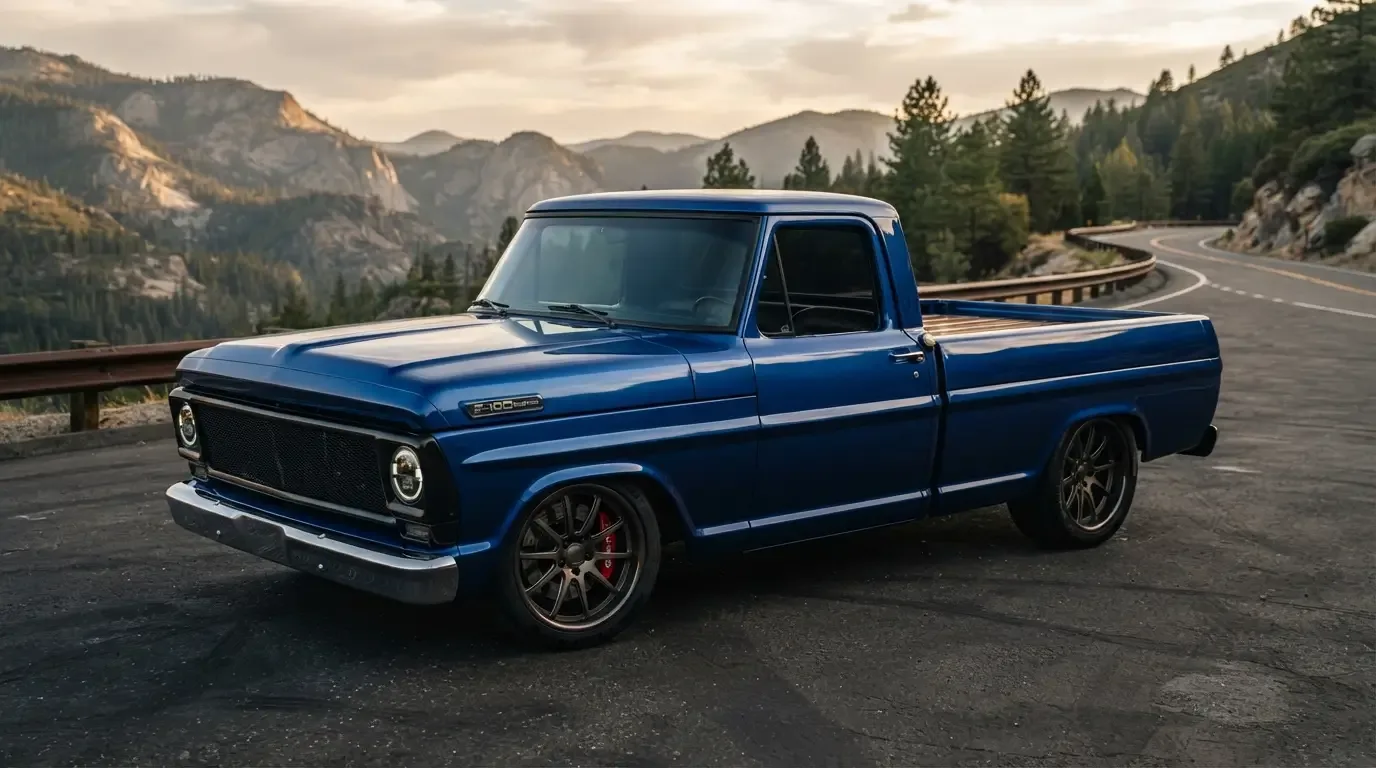 Custom restomod Ford F-100 pickup truck, lowered stance, front view