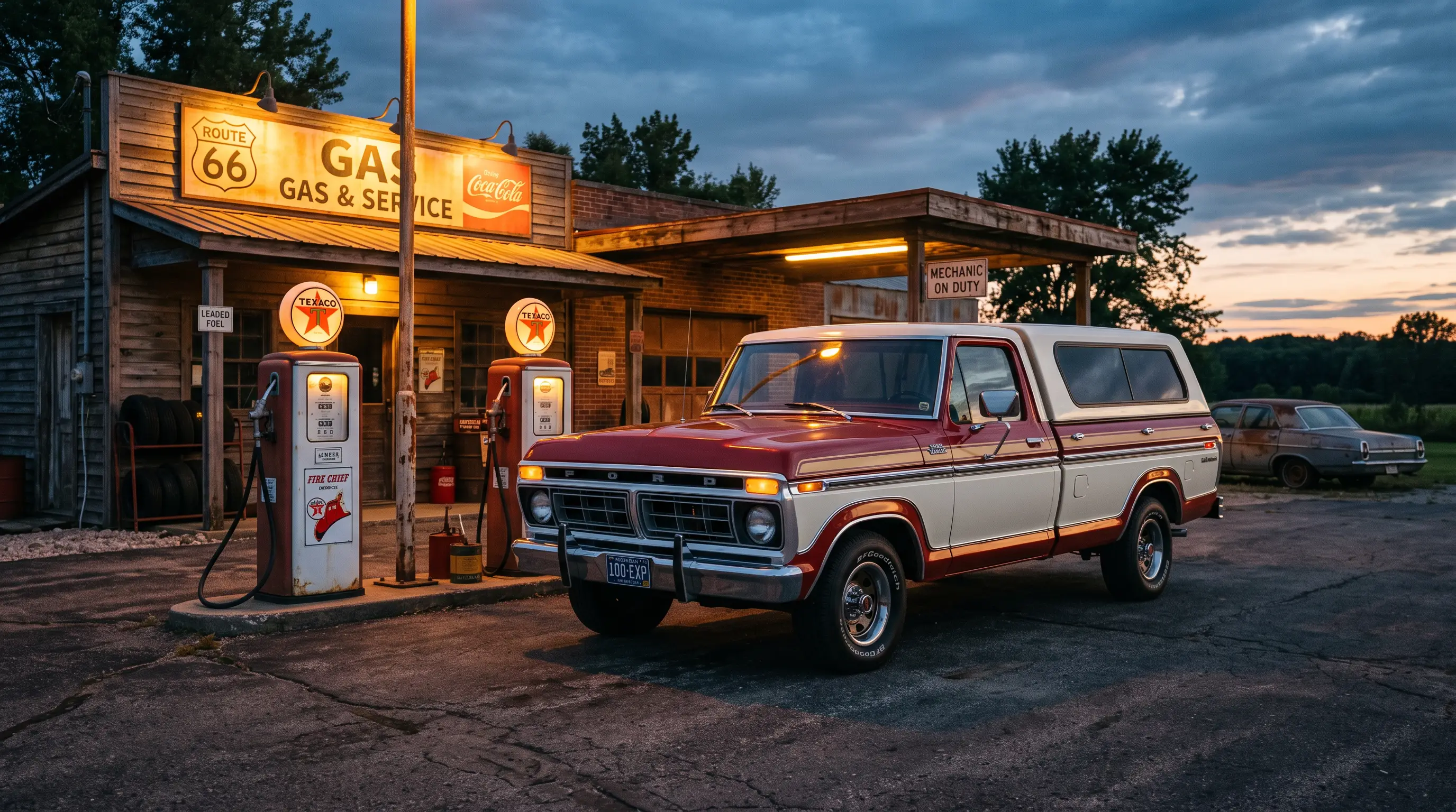 Ford F-100 Explorer Special truck at a rural gas station at dusk