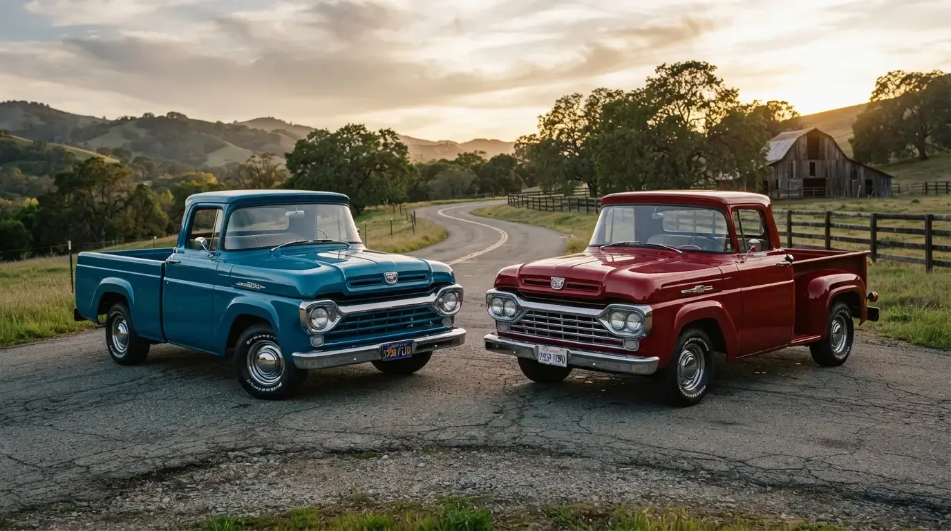1957-1960 Ford F-100 Styleside and Flareside pickup trucks side by side