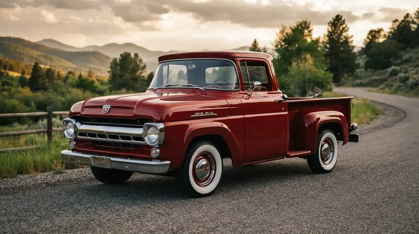 1957 Ford F-100 pickup with Flareside stepside bed, three-quarter front view