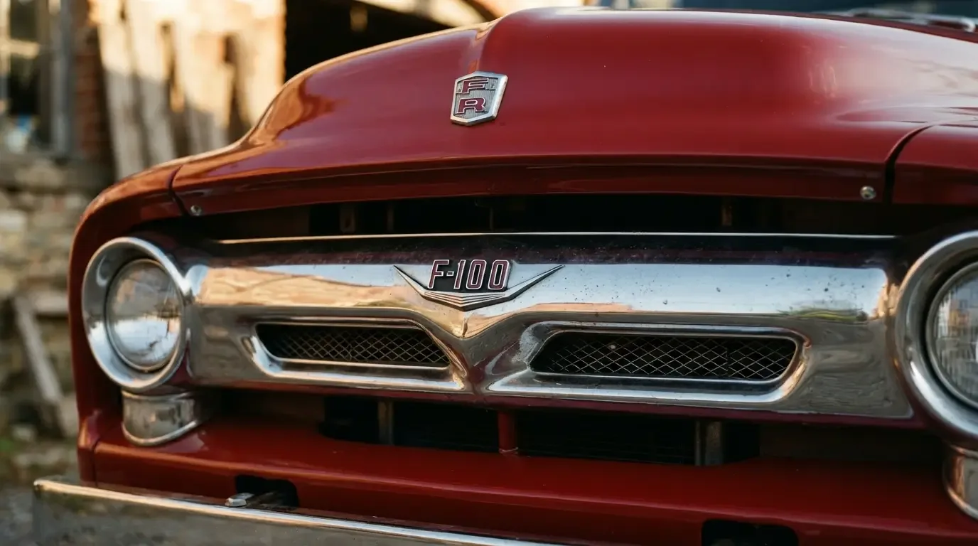 Close-up chrome grille of a 1953-56 Ford F-100 pickup truck