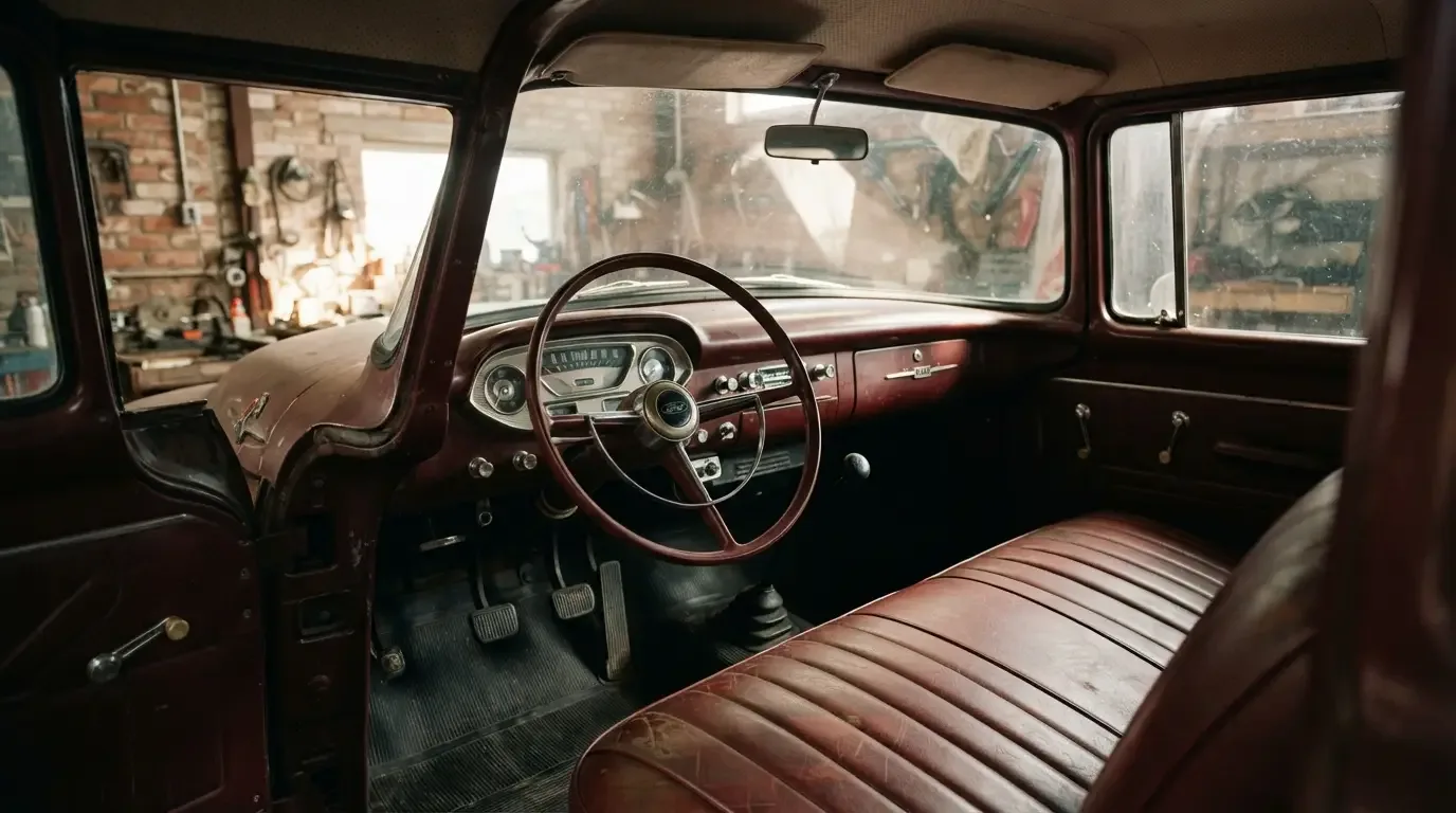 Interior dashboard and bench seat of a 1953-56 Ford F-100