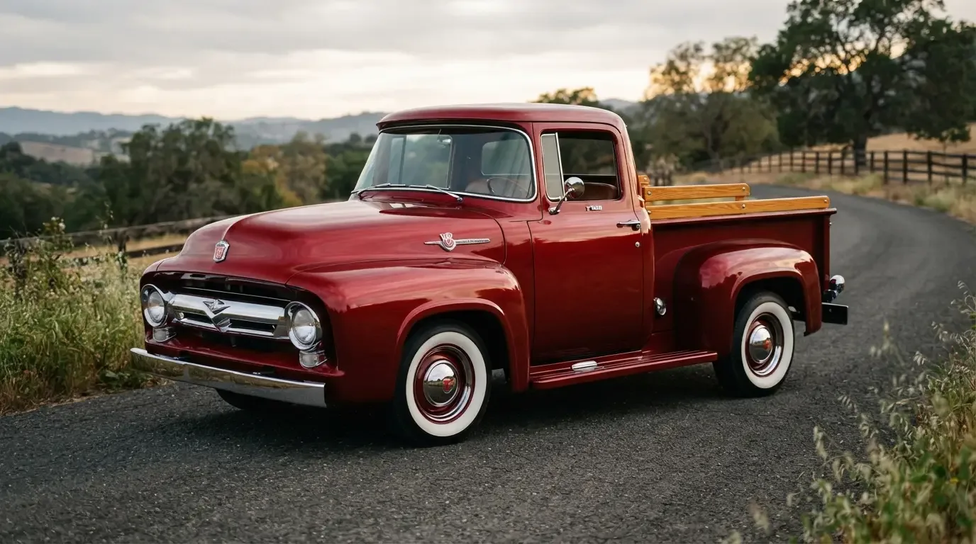 Pristine restored 1953-1956 Ford F-100 pickup truck, three-quarter front view
