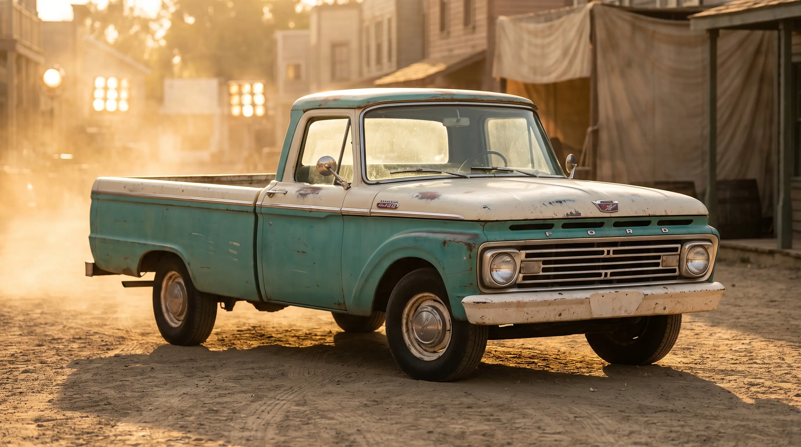 Classic Ford F-100 pickup on a backlot street at golden hour like a movie set