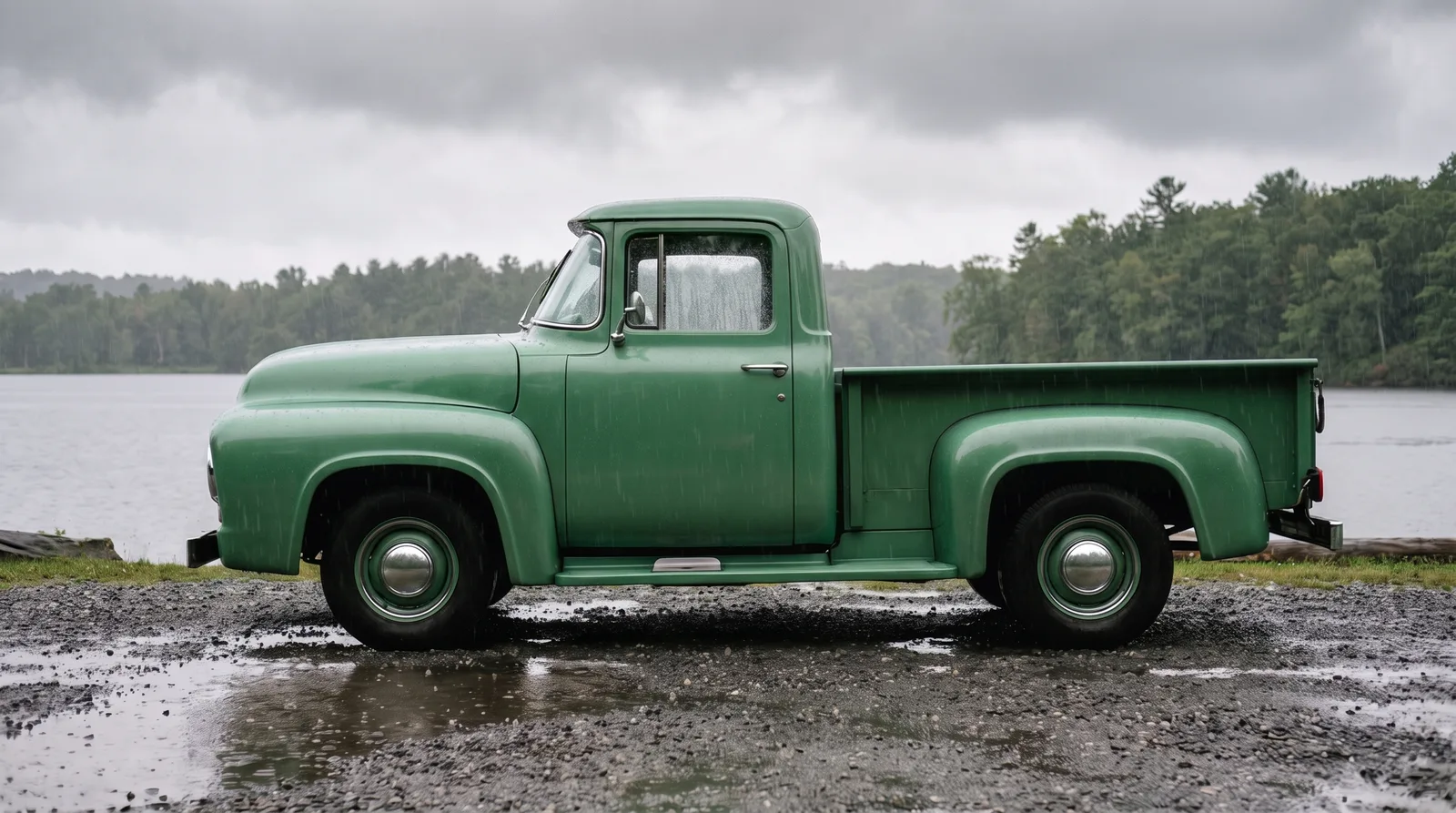 1956 Ford F-100 â€” parked by a lake in the rain