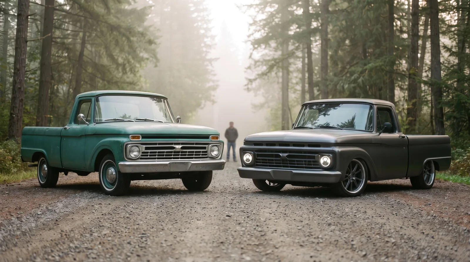 1966 Ford F-100 original and restomod — side by side on a misty forest road